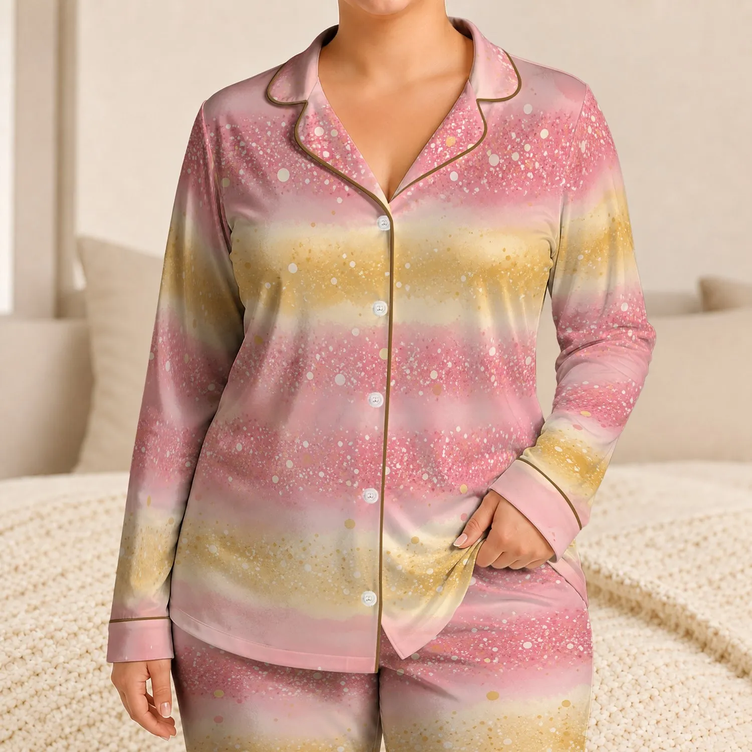 Blush Pink Glitter Stripe Loungewear for Cozy Evenings and Weekend Getaways at Home Satin Pajamas Set - 1