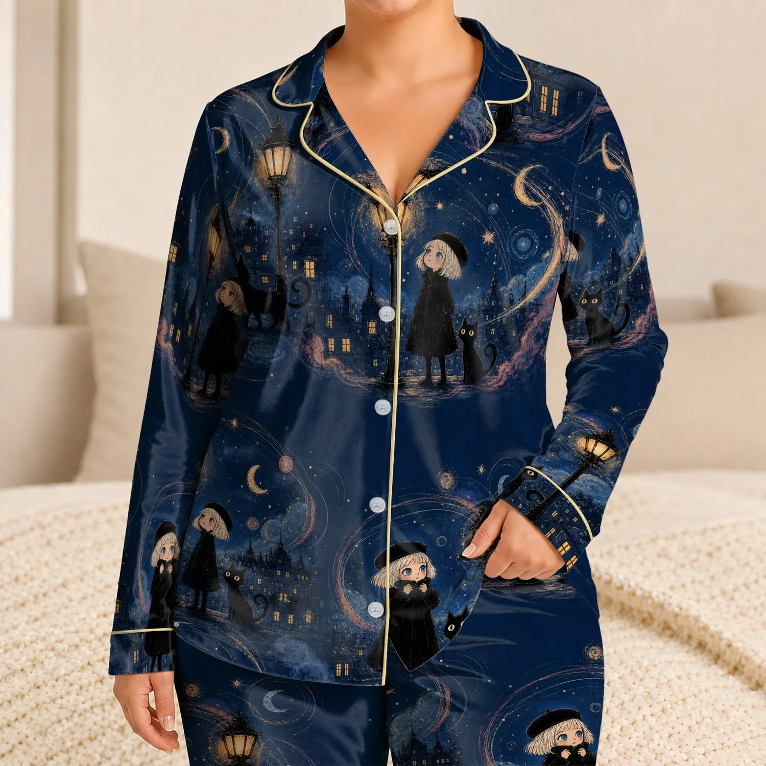 Storybook Girl And Black Cat Moonlit Starry City For Book Lovers And Halloween Fans Satin Pajamas Set - 1