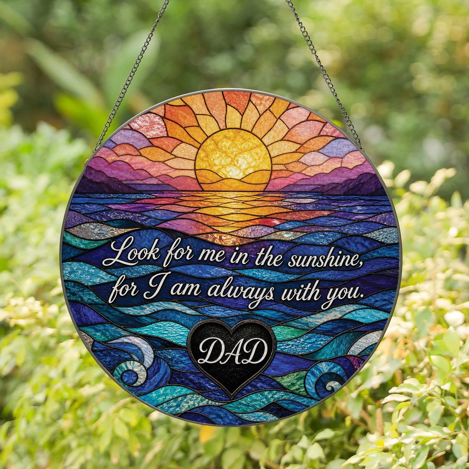 Personalized Ocean Sunset Leaded Glass Memorial Sympathy Gift for Dad, Peaceful Home Window Decor - 1