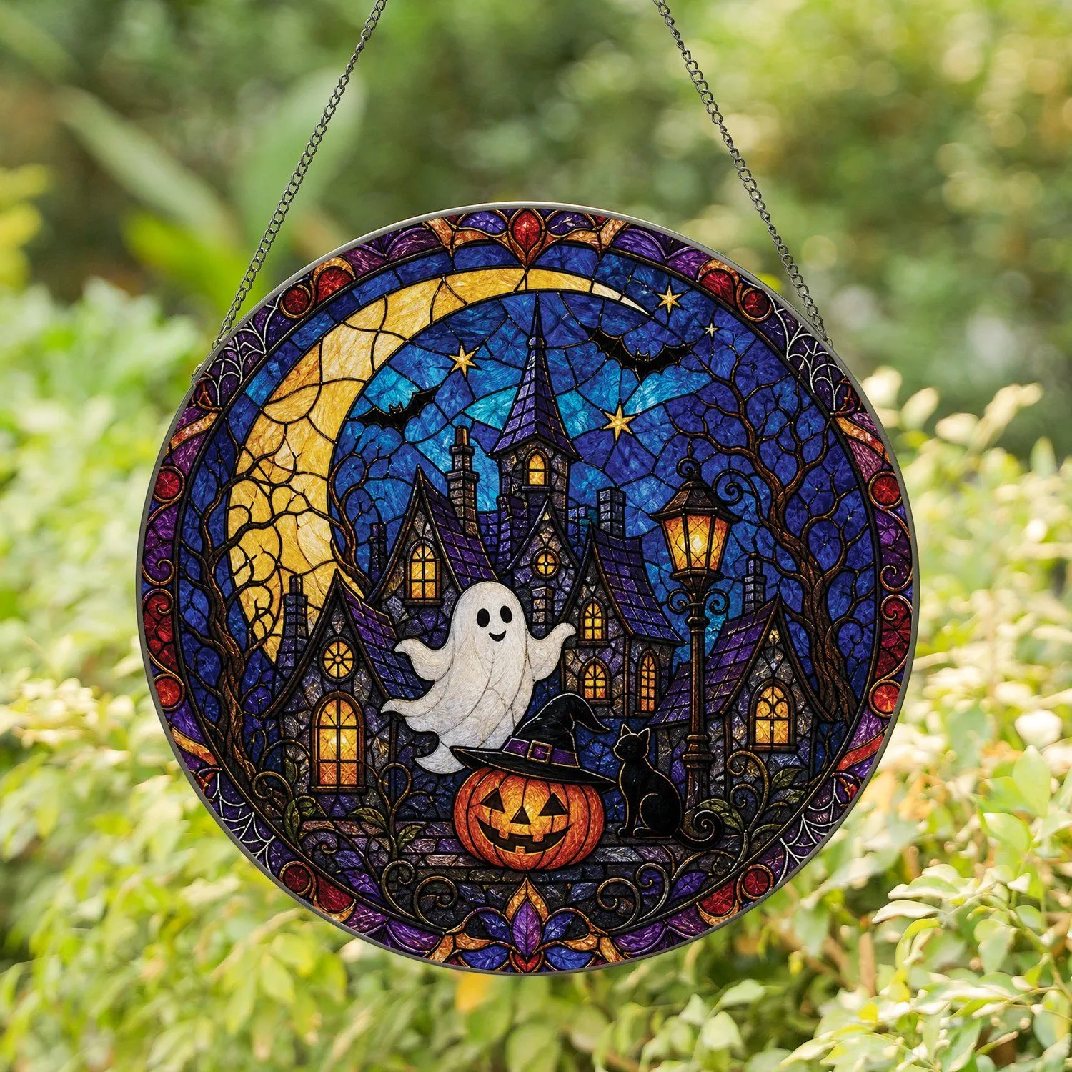 Halloween Ghost Moon Window Hanging For Spooky Home Decor And Cat Lovers Witchy Gift Stained Glass Suncatcher - 1