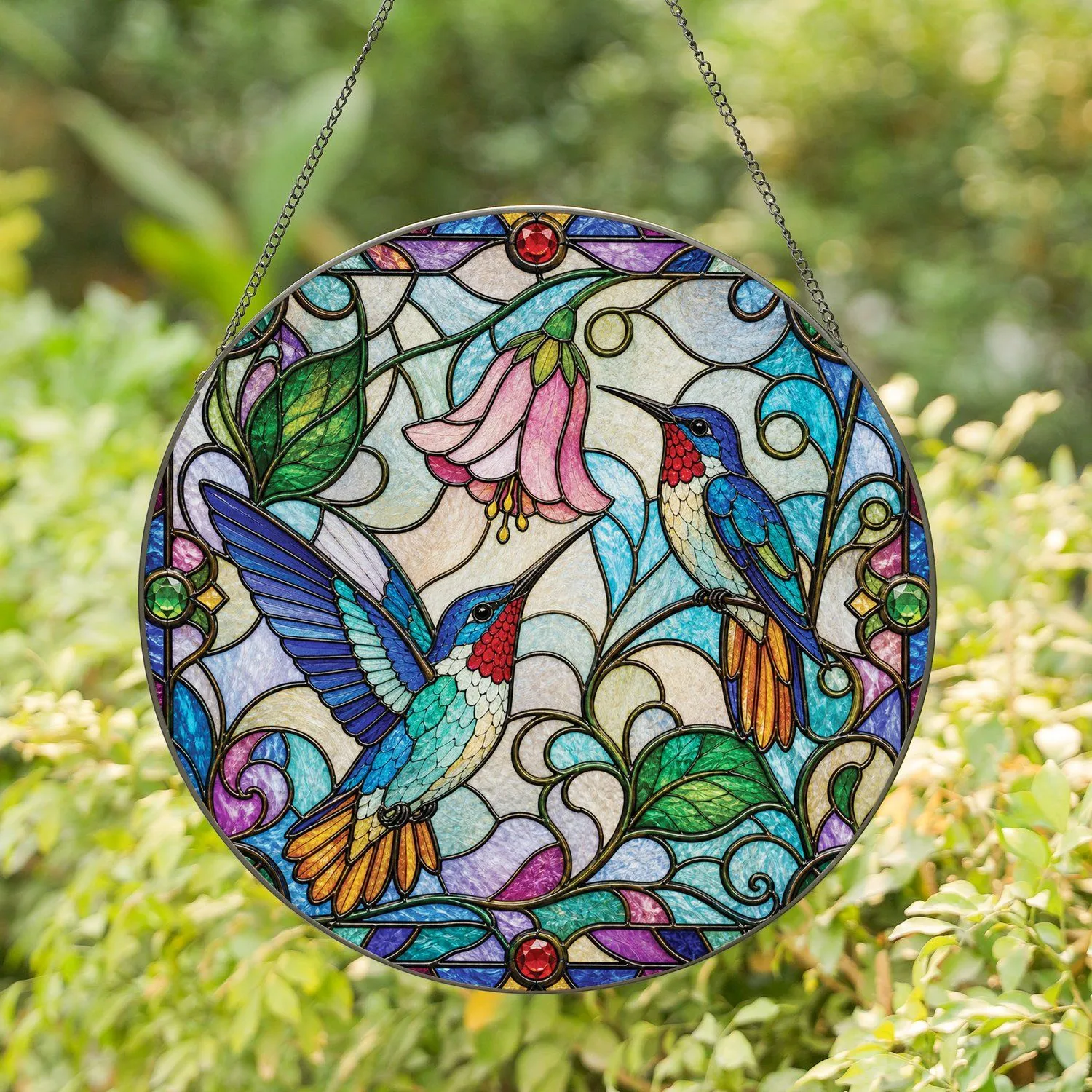 Hummingbird Stained Glass Window Panel Gift for Mom, Cottage Home Accent Decor Style Stained Glass Suncatcher - 1