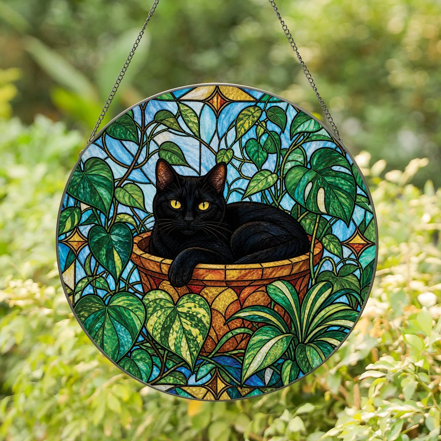 Black Cat in Stained Glass Planter for Cat Lovers Cozy Home Wall Decor Gift Idea Stained Glass Suncatcher - 1