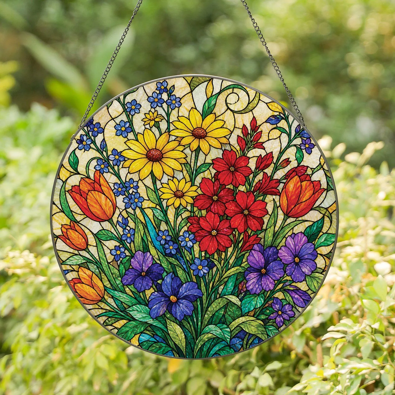 Wildflower Bouquet Cottage Decor Gift For Mom, Mother's Day, Garden Home Accent Piece Stained Glass Suncatcher - 1
