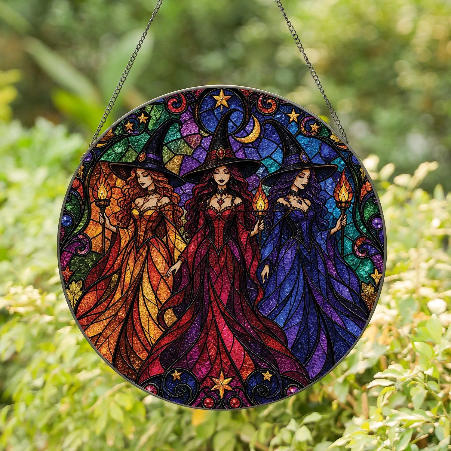 Three Gothic Witch Sisters Halloween Stained Glass Gift For Witchy Homes And Altars Stained Glass Suncatcher - 1