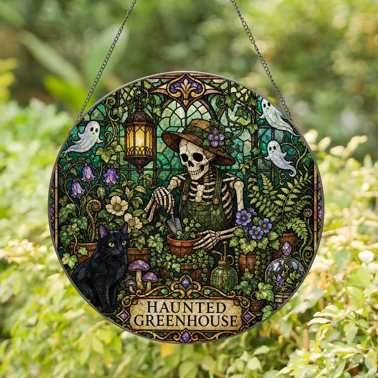 Haunted Greenhouse Skeleton Cat Gothic Halloween Window Decor for Witchy Home Fans Stained Glass Suncatcher - 1