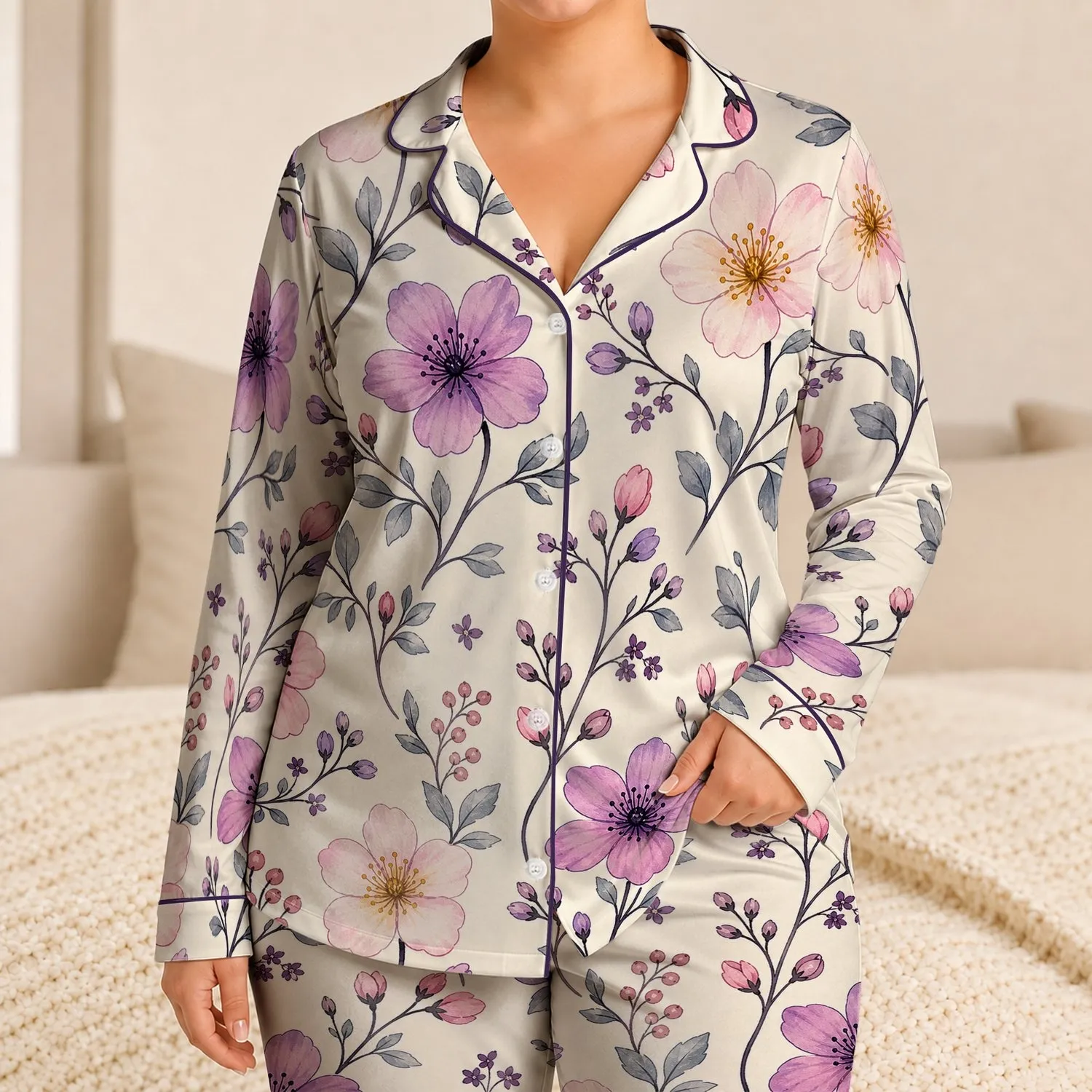 Blush Pink And Lavender Wildflowers For Relaxed Spring Lounging And Gift Giving Satin Pajamas Set - 1