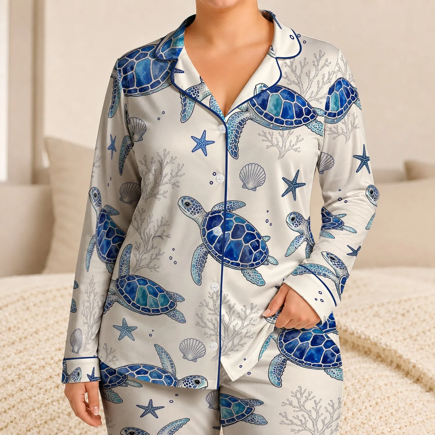 Blue Sea Turtle Nautical Loungewear for Coastal Getaways and Ocean Wildlife Lovers Satin Pajamas Set - 1