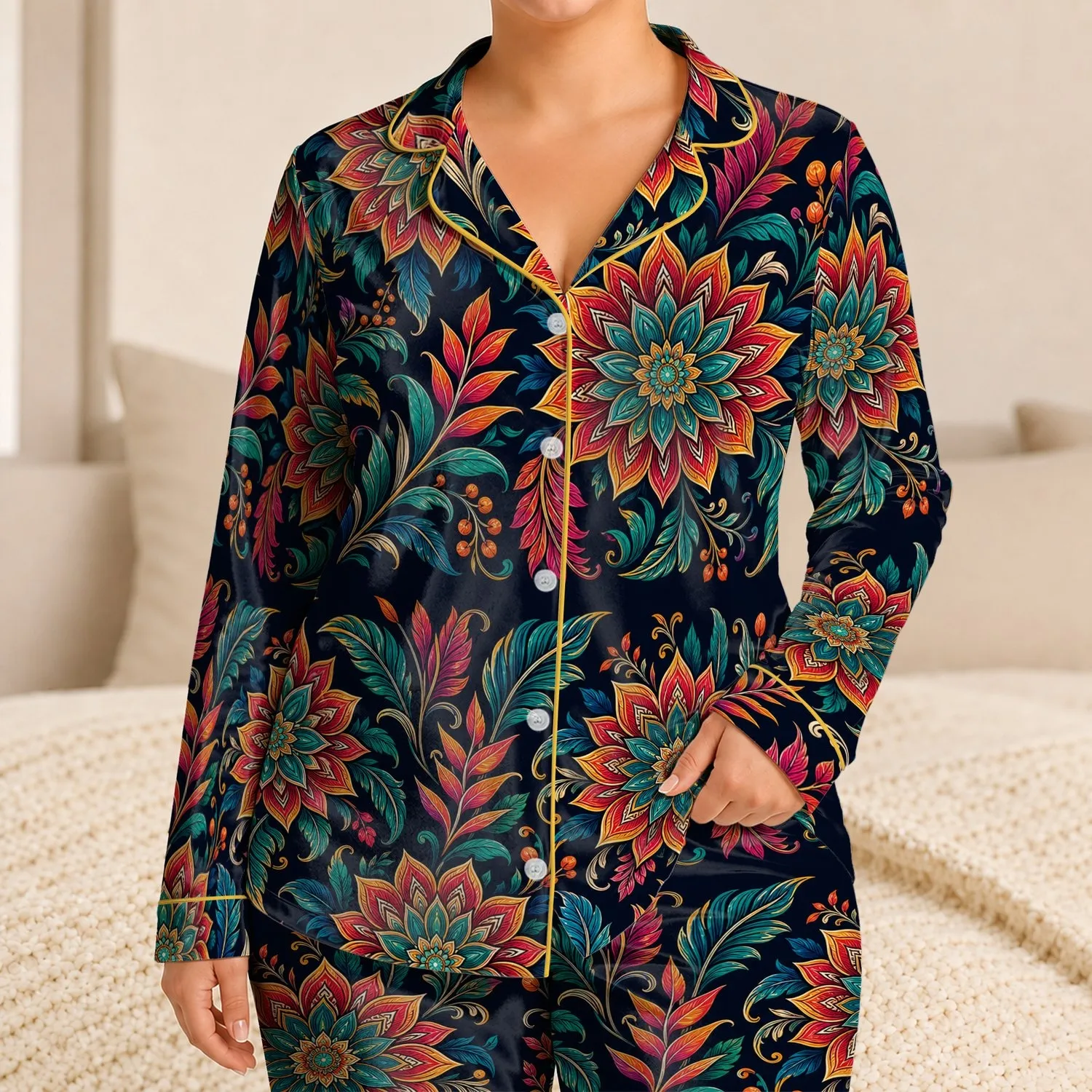 Jewel Tone Botanical Mandalas For Relaxed Evenings And Colorful At-Home Lounge Style Satin Pajamas Set - 1