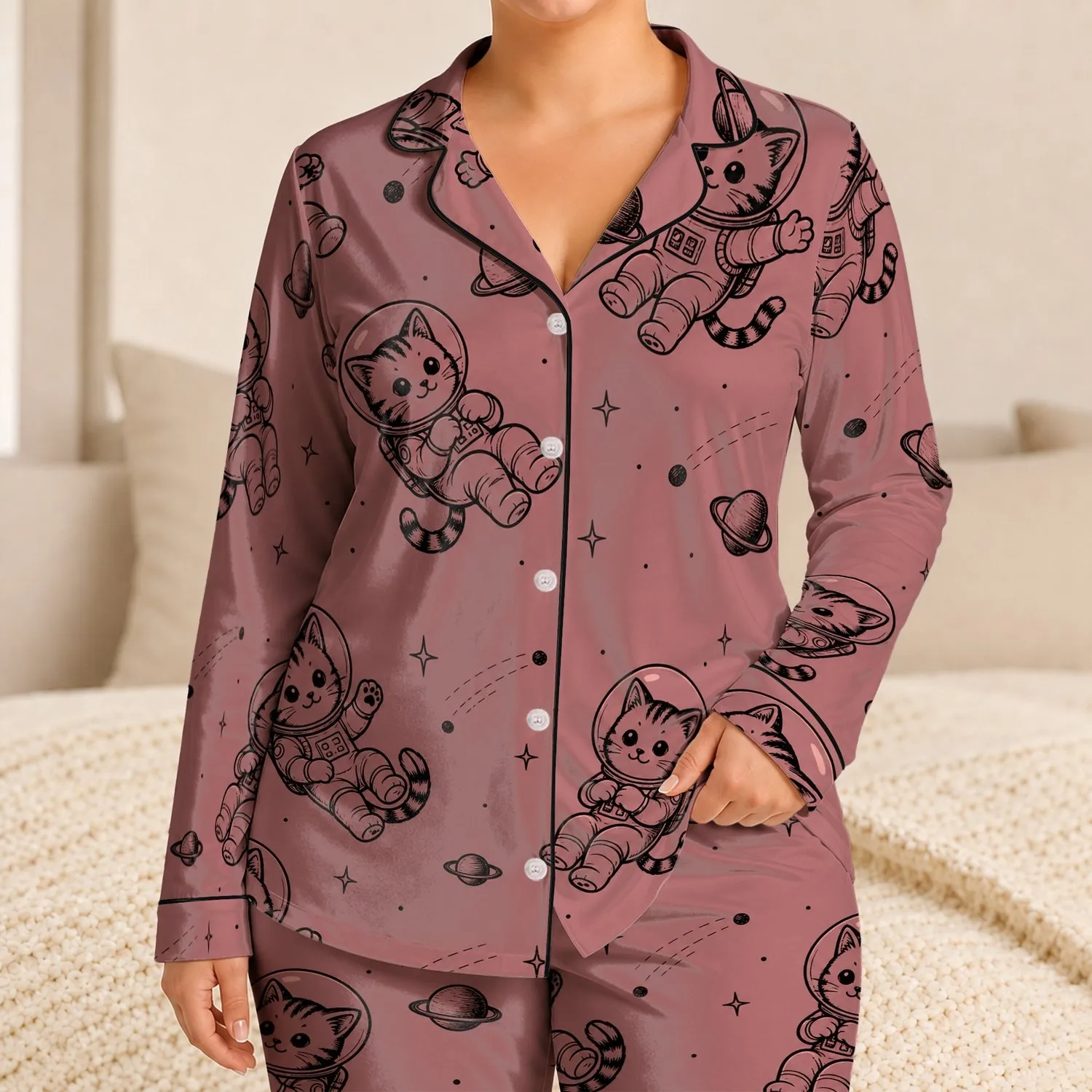 Whimsical Space Cat Astronauts For Cozy Bedtime, Lounging And Relaxing Nights For Women Satin Pajamas Set - 1