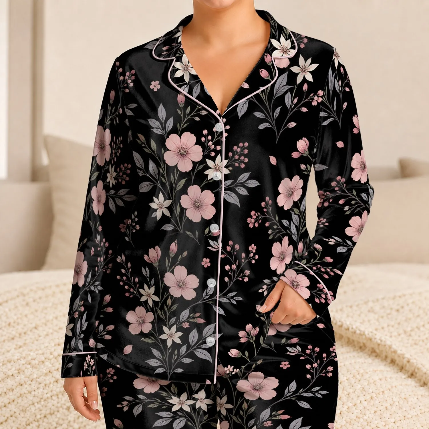 Blush Pink Wildflower Botanical Night Garden For Romantic Lounging And Thoughtful Gifts Satin Pajamas Set - 1