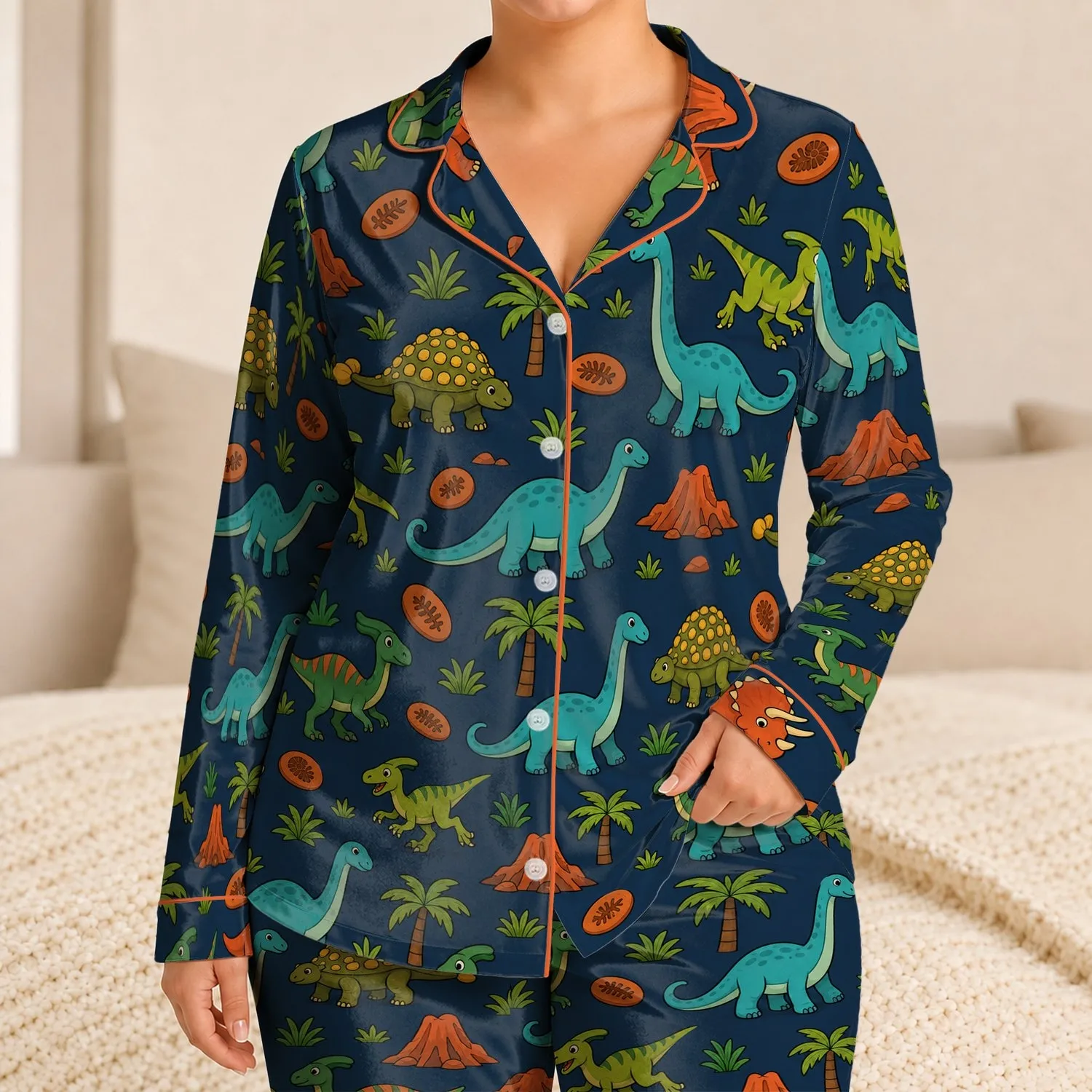 Colorful Prehistoric Dinosaur Scatter For Playful Bedtime And Lounging For Dino Fans Satin Pajamas Set - 1