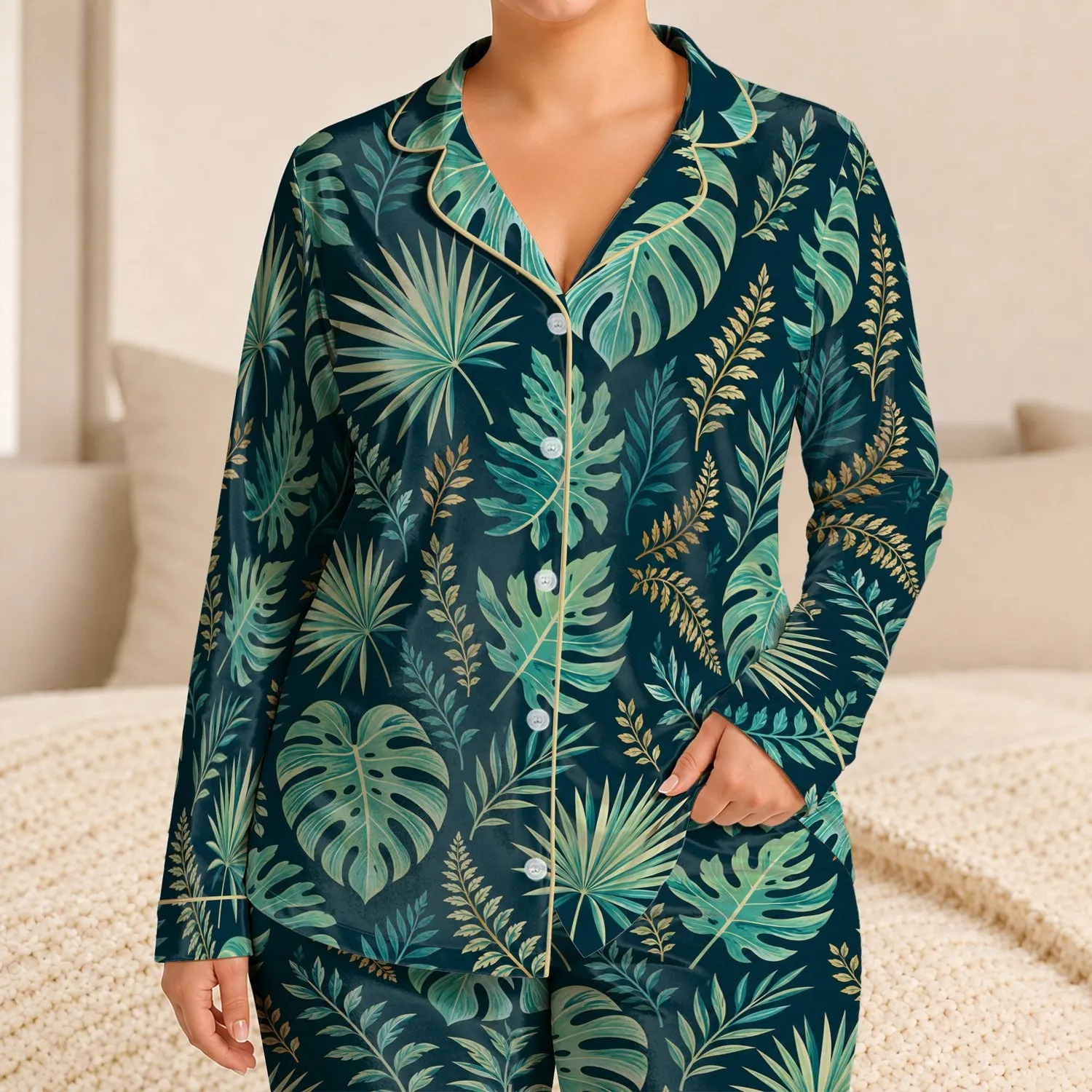 Teal Tropical Monstera Palm Leaves For Resort Sleepwear And Vacation Lounging Satin Pajamas Set - 1