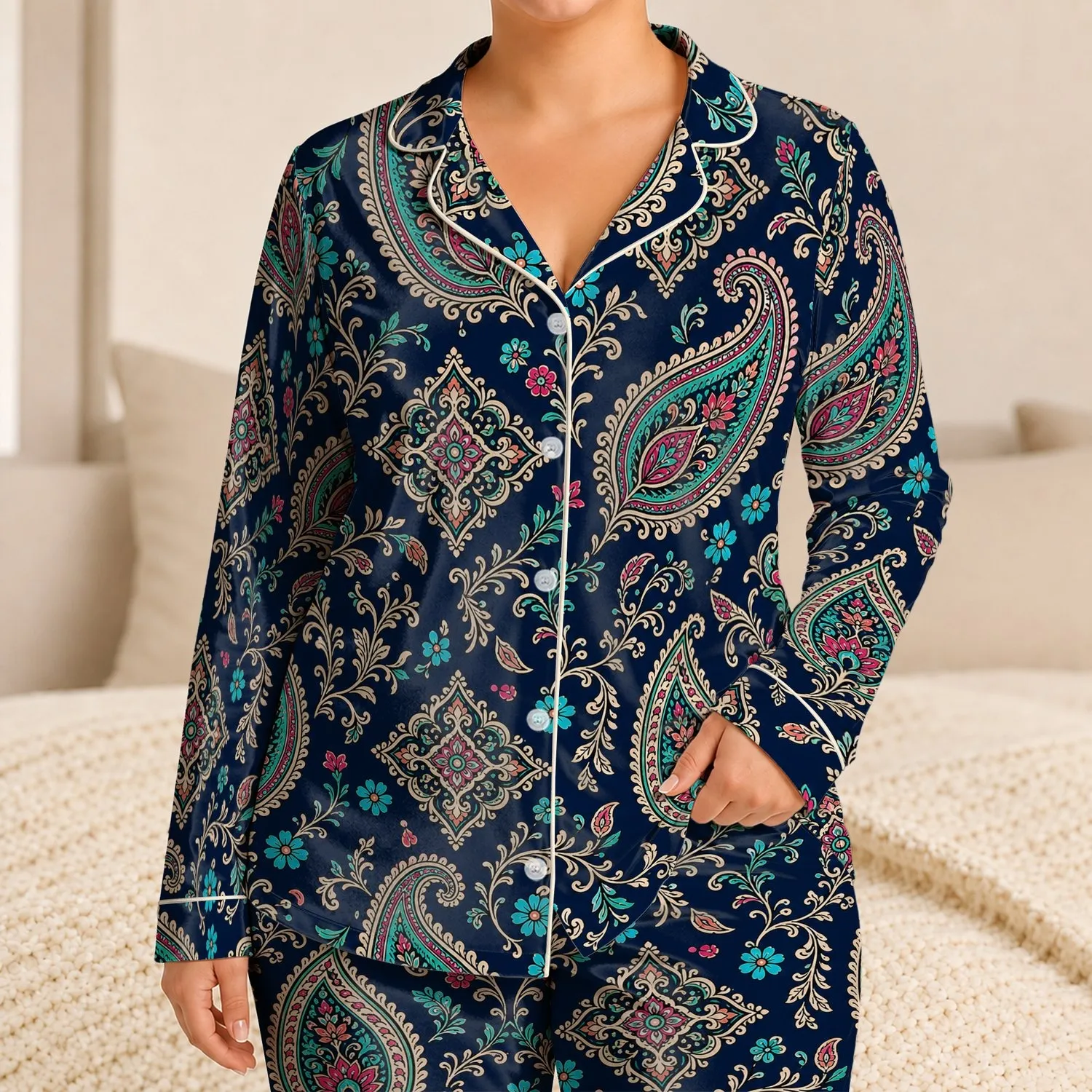 Bohemian Paisley Floral Midnight Navy Sleepwear For Relaxing Nights And Travel Home Satin Pajamas Set - 1