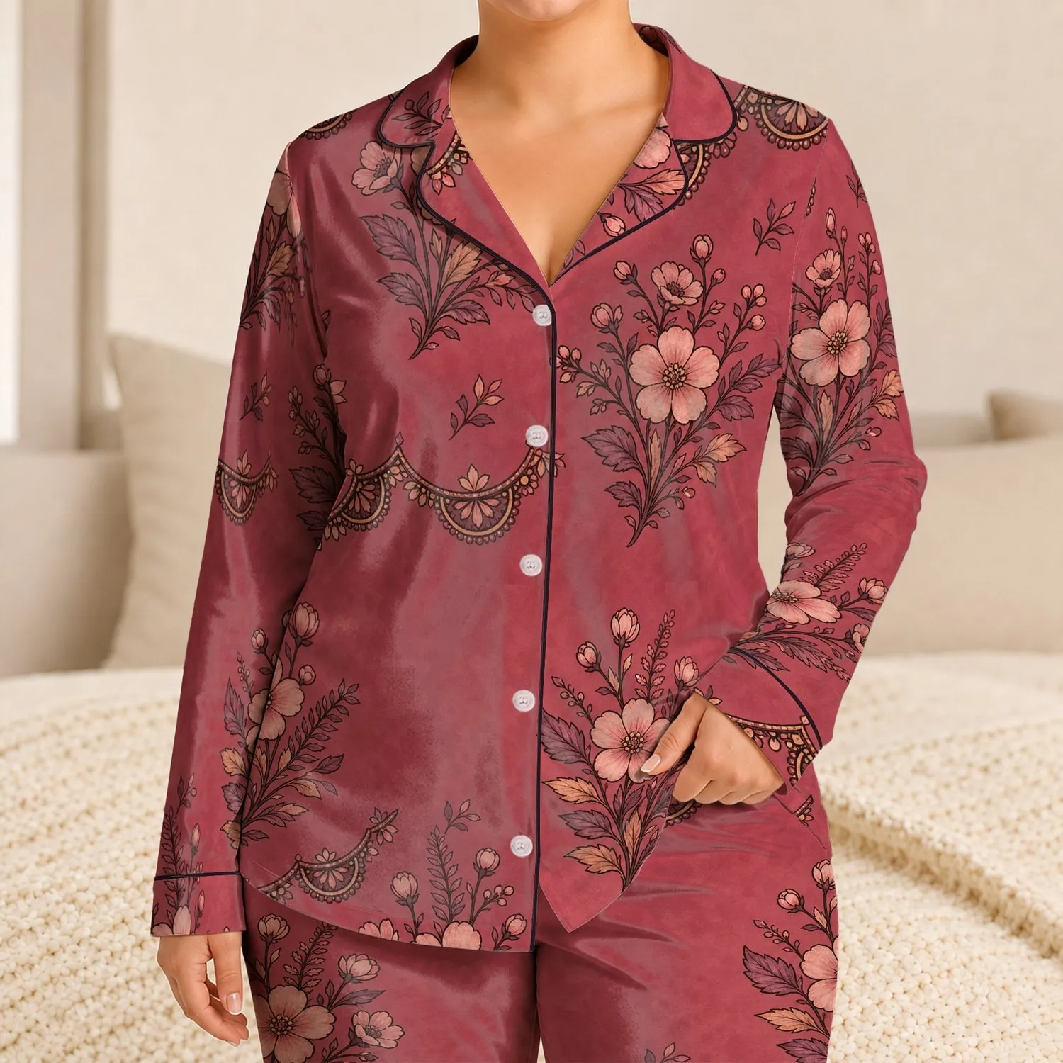 Vintage Boho Wildflower Rose Botanical Motifs for Cozy Relaxed At-Home Weekend Evenings Satin Pajamas Set - 1