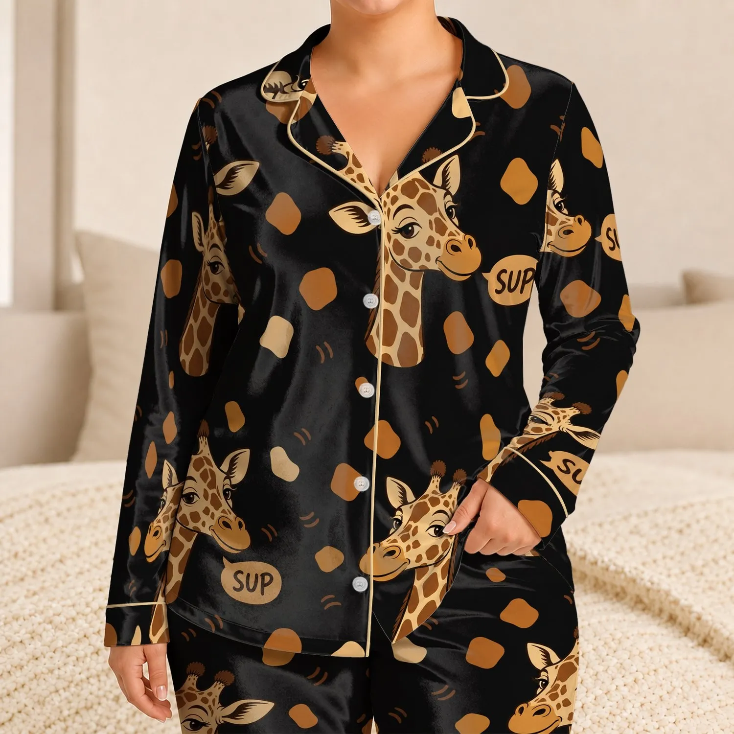 Sleepy Giraffe Sup Motifs for Couples Valentine’s Day Lounging and Safari Fans Satin Pajamas Set - 1