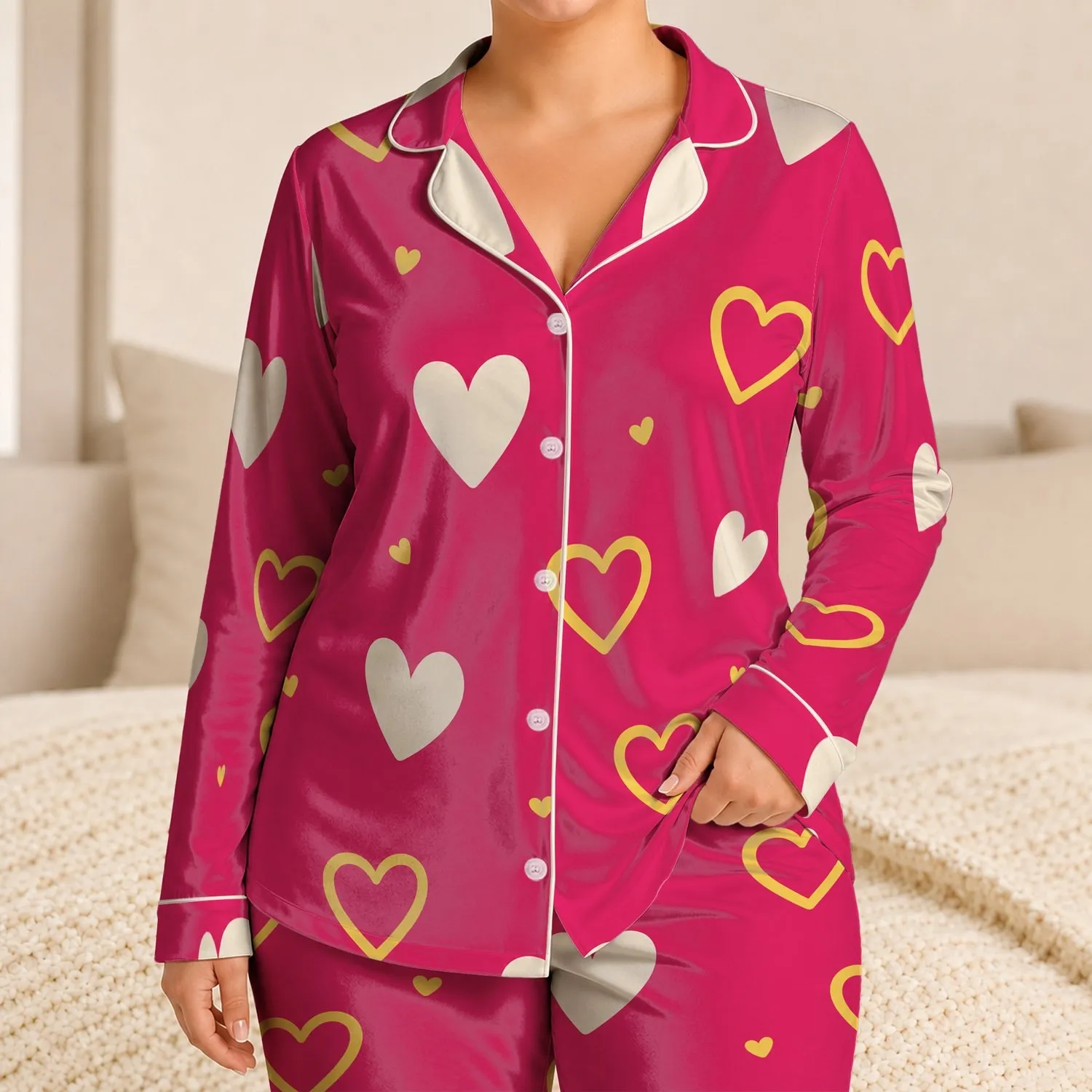 Raspberry Pink Ivory And Gold Hearts for Valentine’s Day Cozy Lounging Gifts for Women Satin Pajamas Set - 1