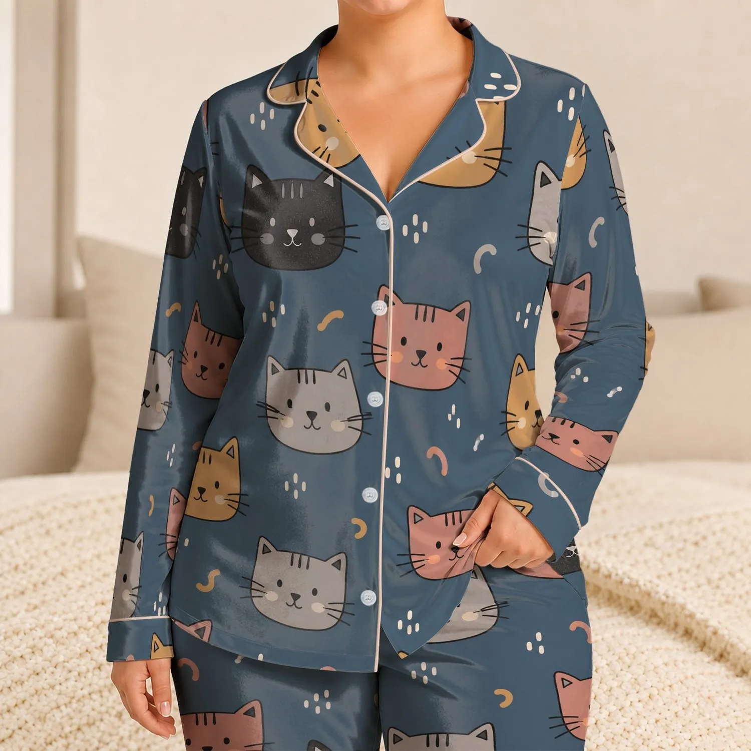 Cozy Colorful Cat Faces For Bedtime Relaxation And Lazy Weekend Lounging For Women Satin Pajamas Set - 1