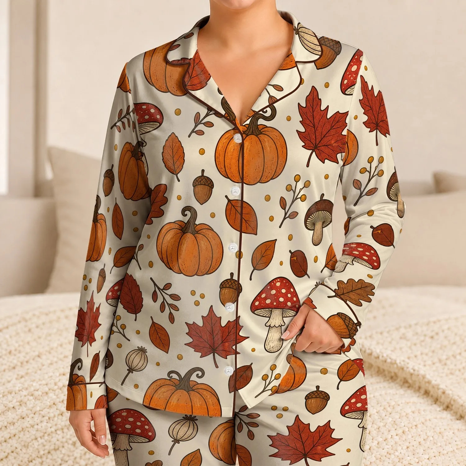 Autumn Pumpkin Mushroom And Leaf Motifs for Cozy Fall Nights and Weekend Lounging Satin Pajamas Set - 1