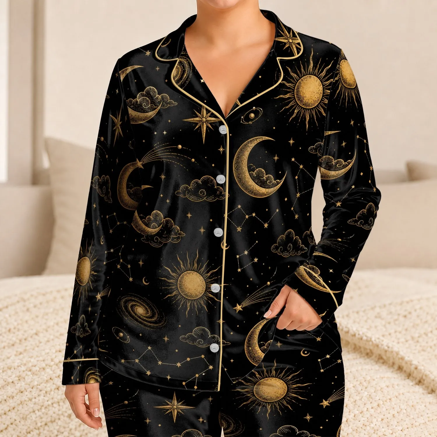 Antique Gold Celestial Moon Star Galaxy Night Sky For Cozy Sleep And Relaxing Evenings Satin Pajamas Set - 1