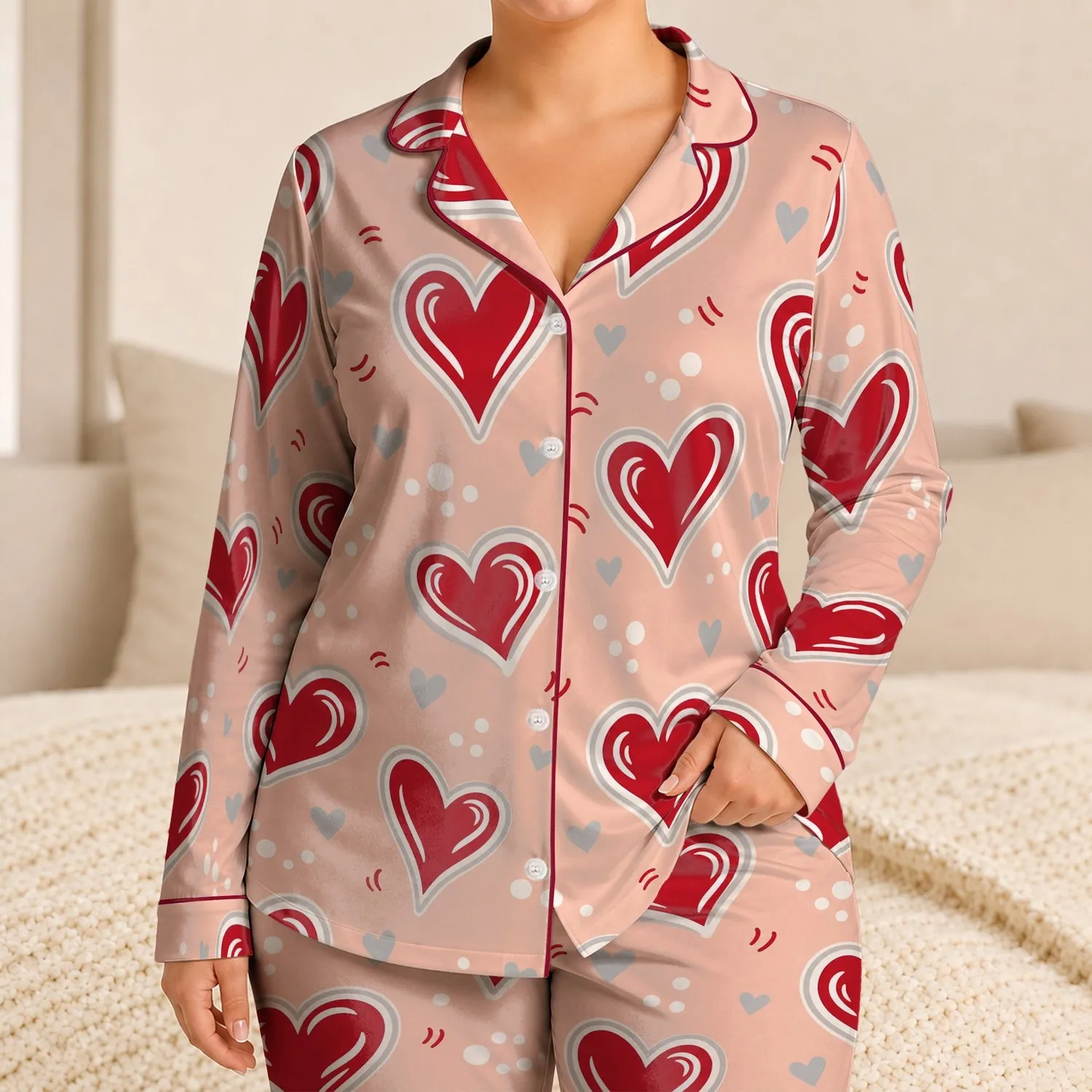 Cherry Red Hearts for Valentine's Day Sleepwear and Cozy At Home Lounging for Women Satin Pajamas Set - 1