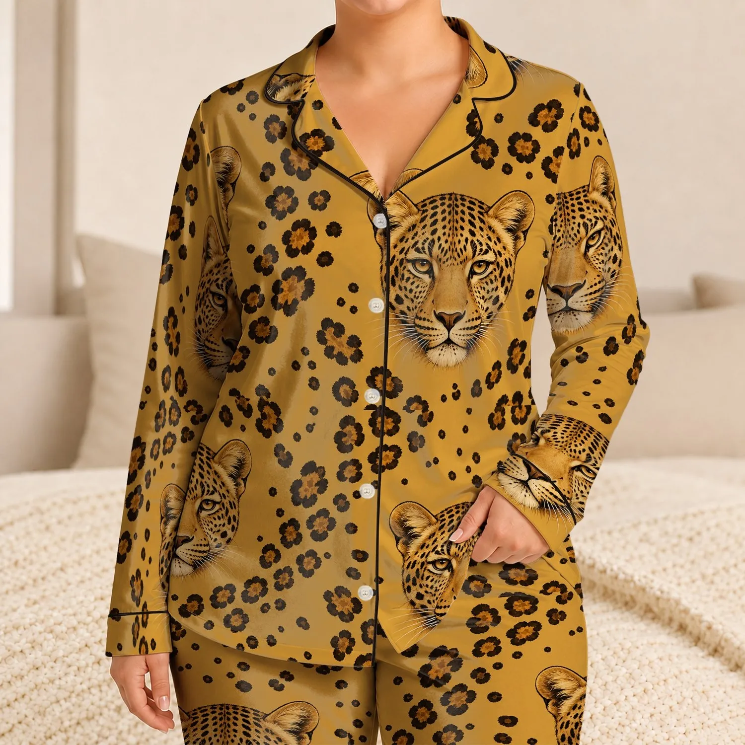 Golden Leopard Heads And Rosettes For Relaxing Evenings And Wildcat Lovers Gift Idea Satin Pajamas Set - 1