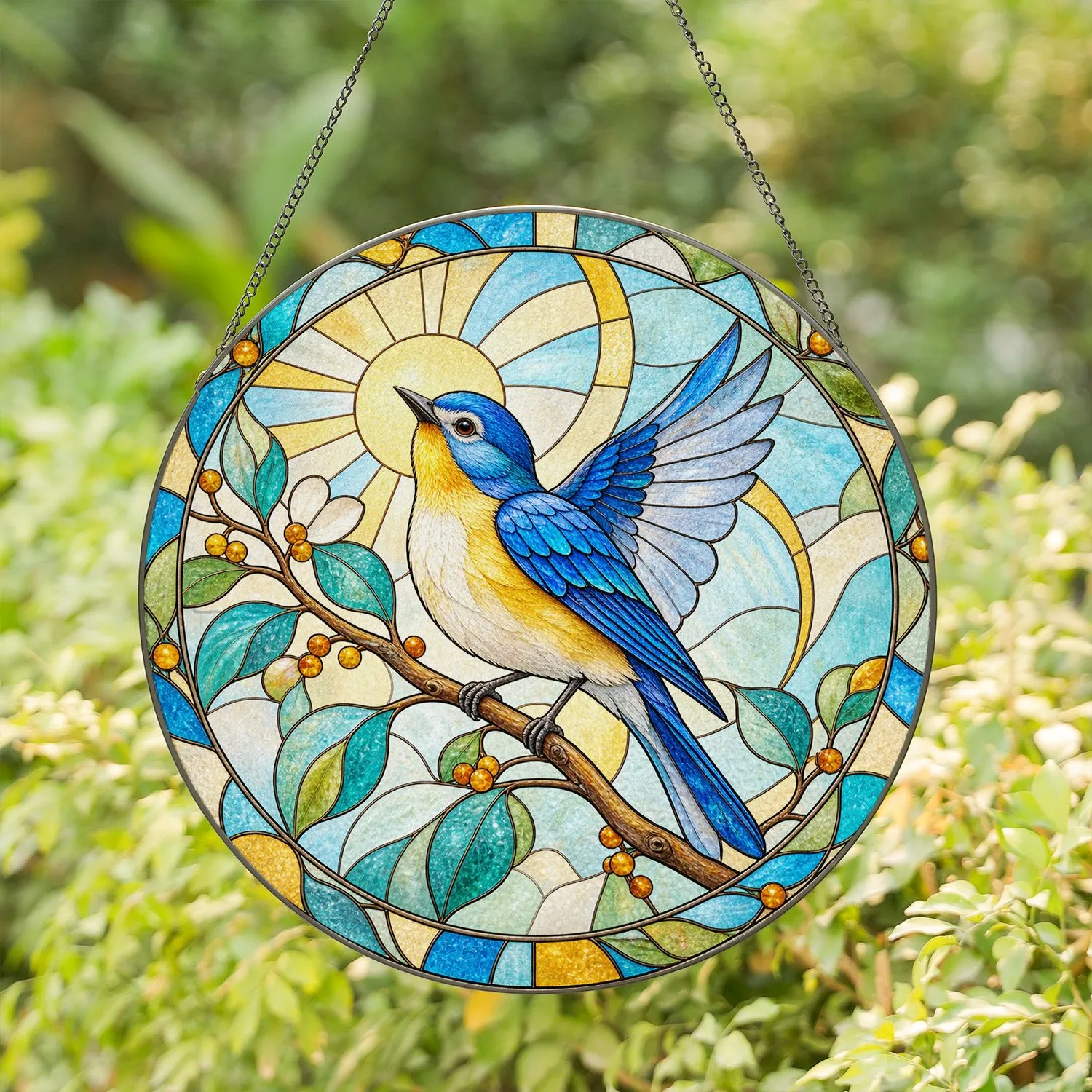 Blue Yellow Finch Garden Accent for Spring Patio Decor and Mother’s Day Home Gifting Stained Glass Suncatcher - 1