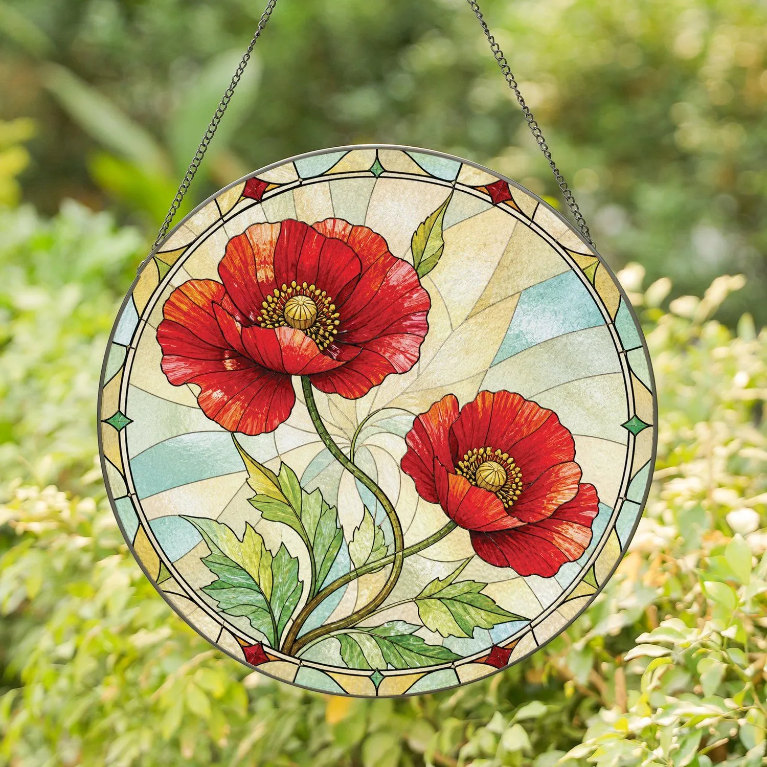 Red Poppy Floral Gift for Romantic Home Decor and Mother's Day Housewarming Celebrations Stained Glass Suncatcher - 1