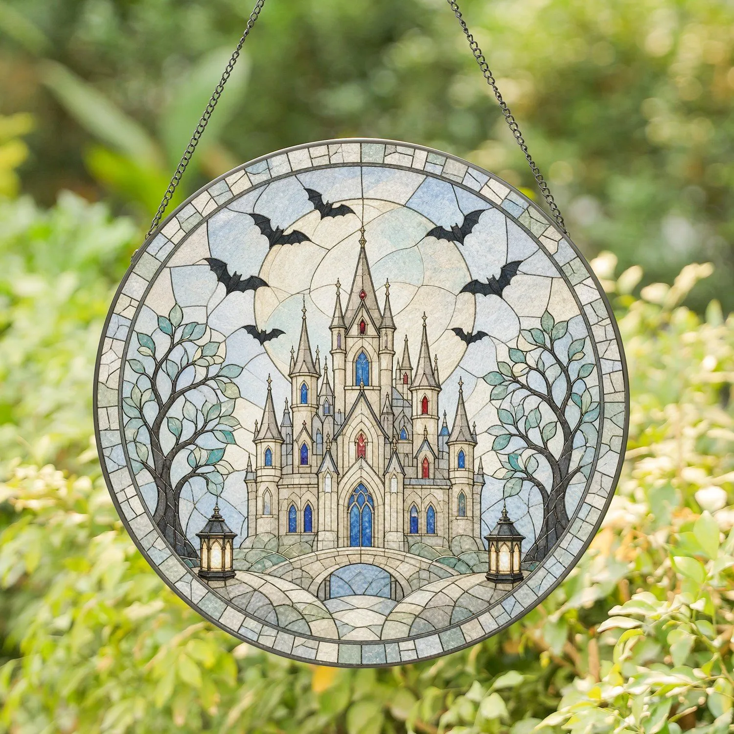 Gothic Haunted Castle Silhouette Beneath Full Moon with Flying Bats Halloween Decor Stained Glass Suncatcher - 1