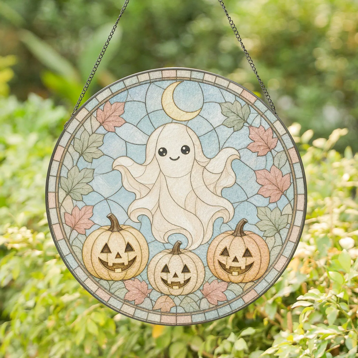 Playful Ghost Pumpkin Halloween Design For Cute Spooky Autumn Home Decor Stained Glass Suncatcher - 1