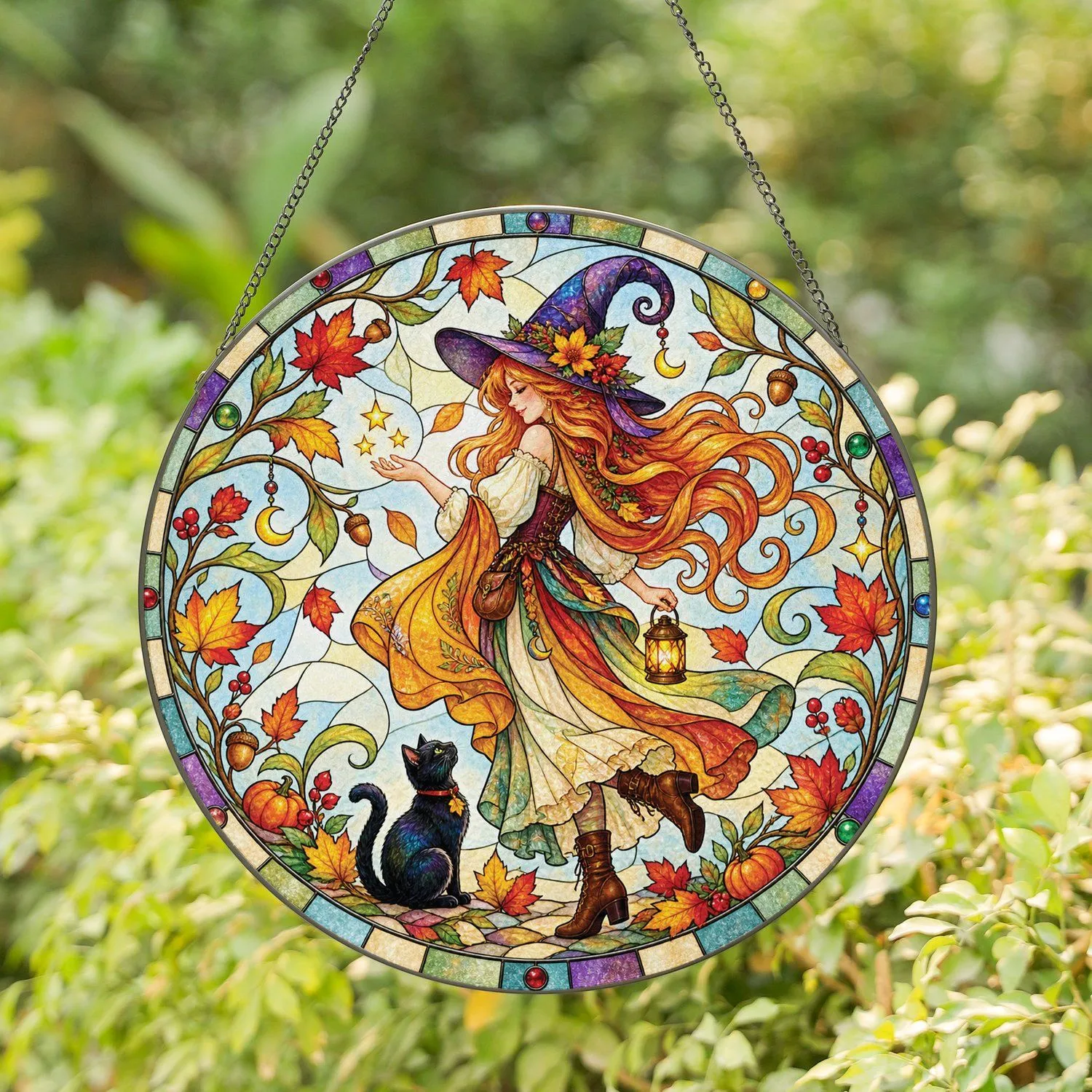 Autumn Witch and Black Cat for Halloween Window Decor, Cozy Seasonal Homes and Gifts Stained Glass Suncatcher - 1