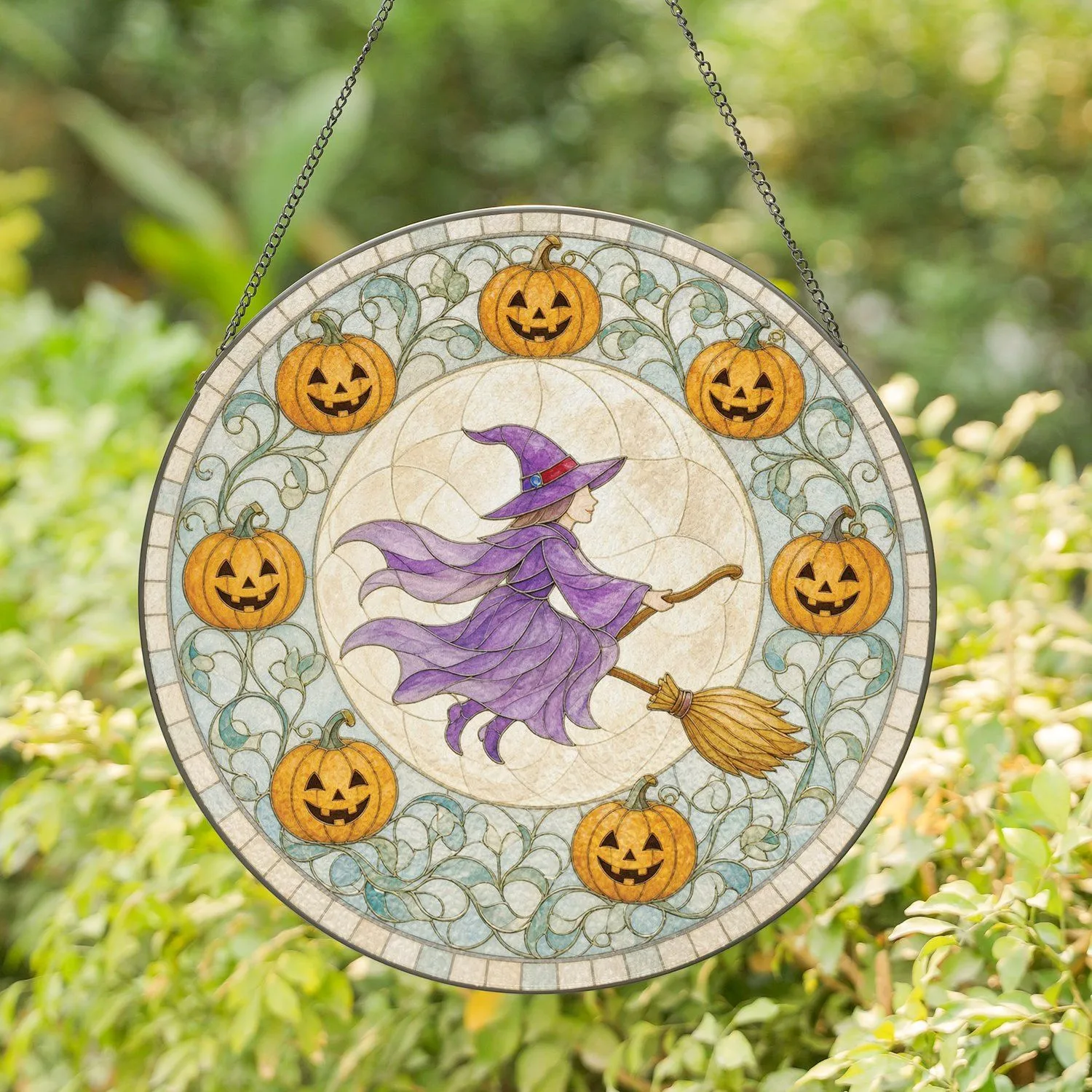 Playful Witch Flying By The Pumpkin Moon Surrounded By Jack O Lanterns Halloween Stained Glass Suncatcher - 1