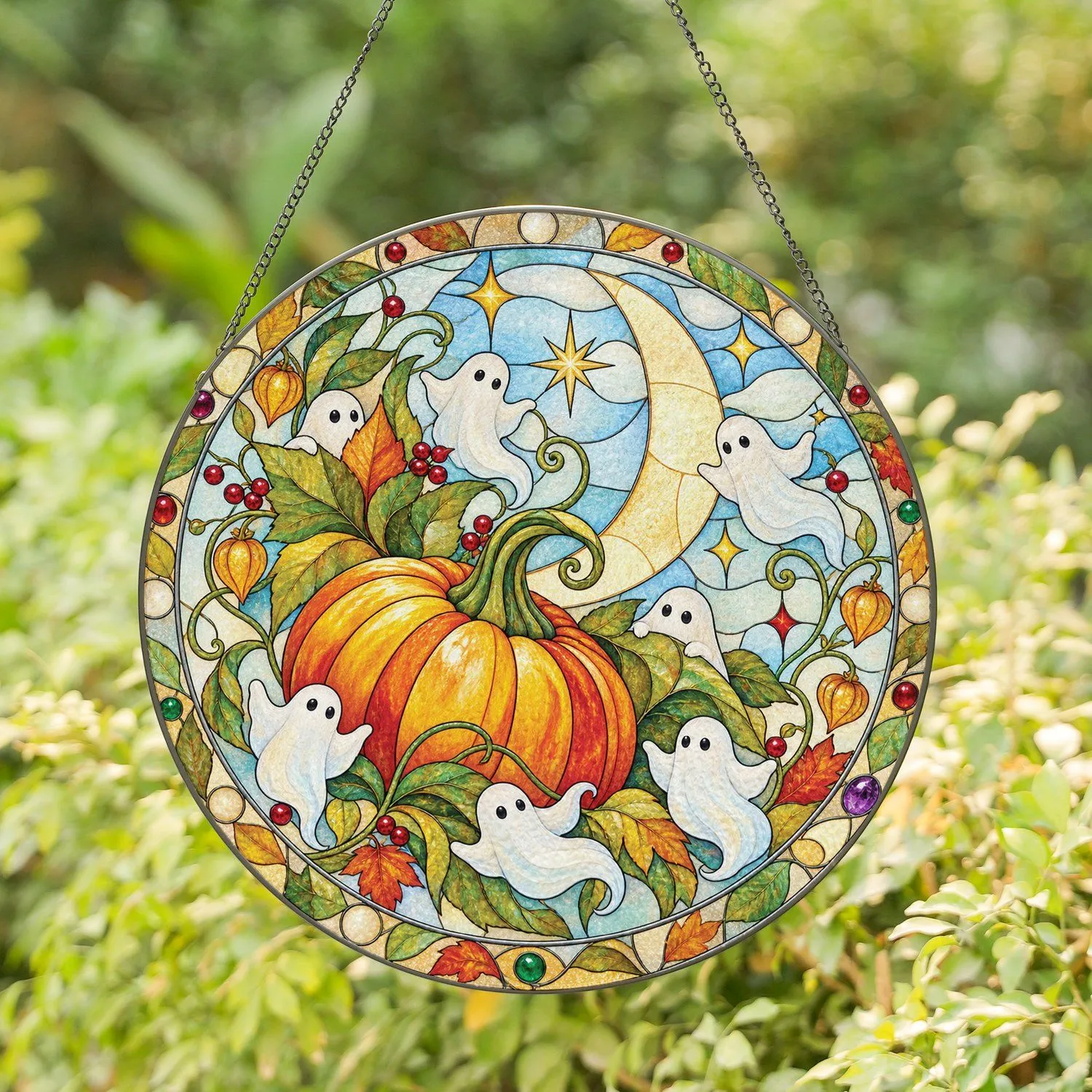 Halloween Pumpkin And Friendly Ghosts For Autumn Home Decor And Spooky Fall Gifts Stained Glass Suncatcher - 1