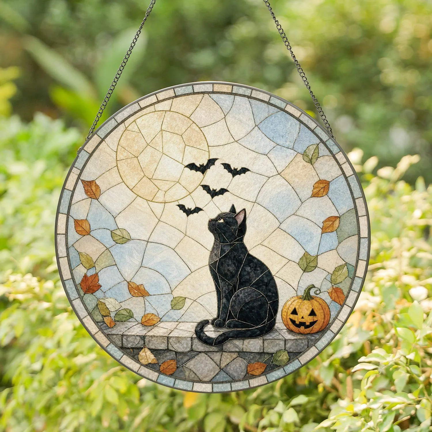 Mystical Black Cat Gazing at Full Moon Halloween Decor for Passionate Cat Lovers Stained Glass Suncatcher - 1