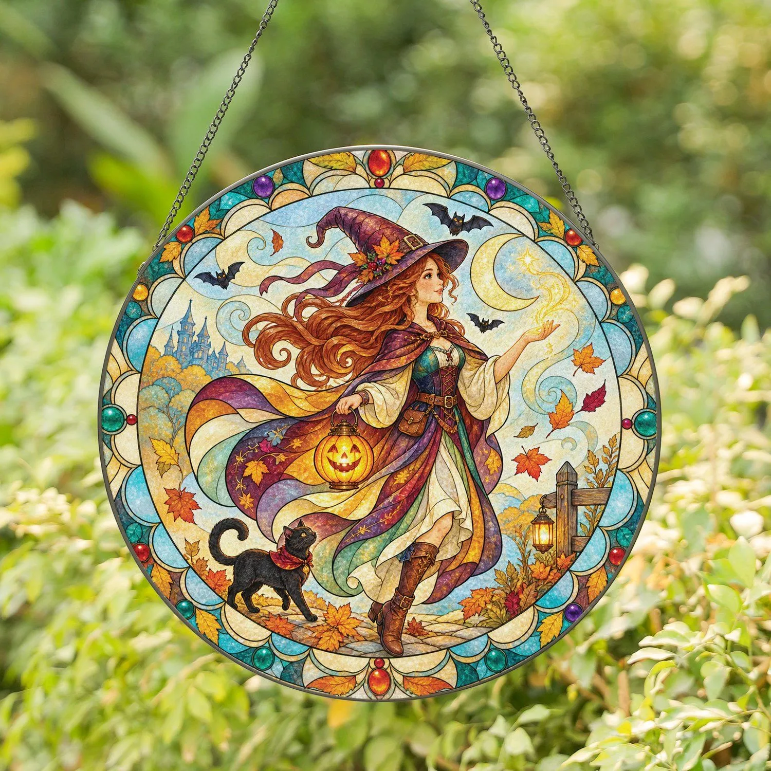 Moonlit Witch And Pumpkin Lantern For Halloween Autumn Decor And Gifts For Magic Lovers Stained Glass Suncatcher - 1