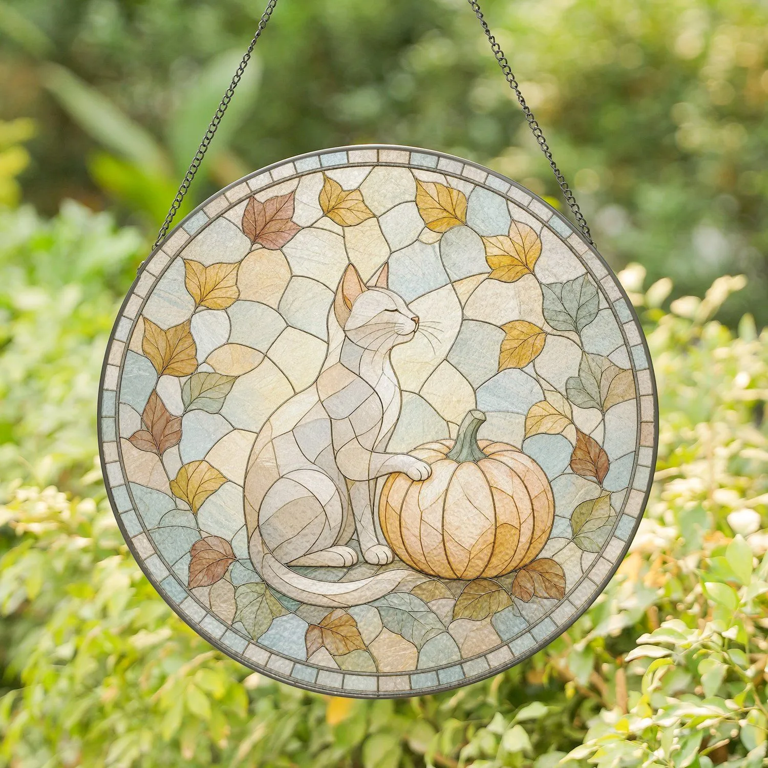 Serene Cat and Pumpkin Composition in Soft Autumn Tones for Seasonal Decor Stained Glass Suncatcher - 1