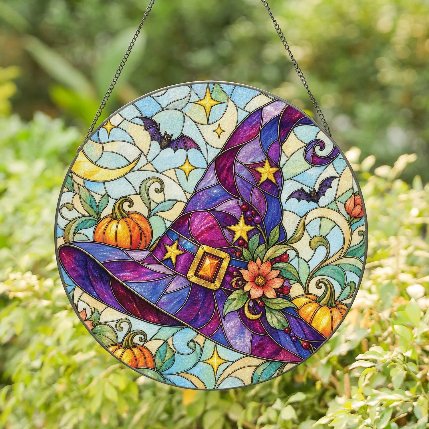 Halloween Witch Hat Window Decor for Cozy Autumn Homes and Spooky Porch Gatherings Stained Glass Suncatcher - 1