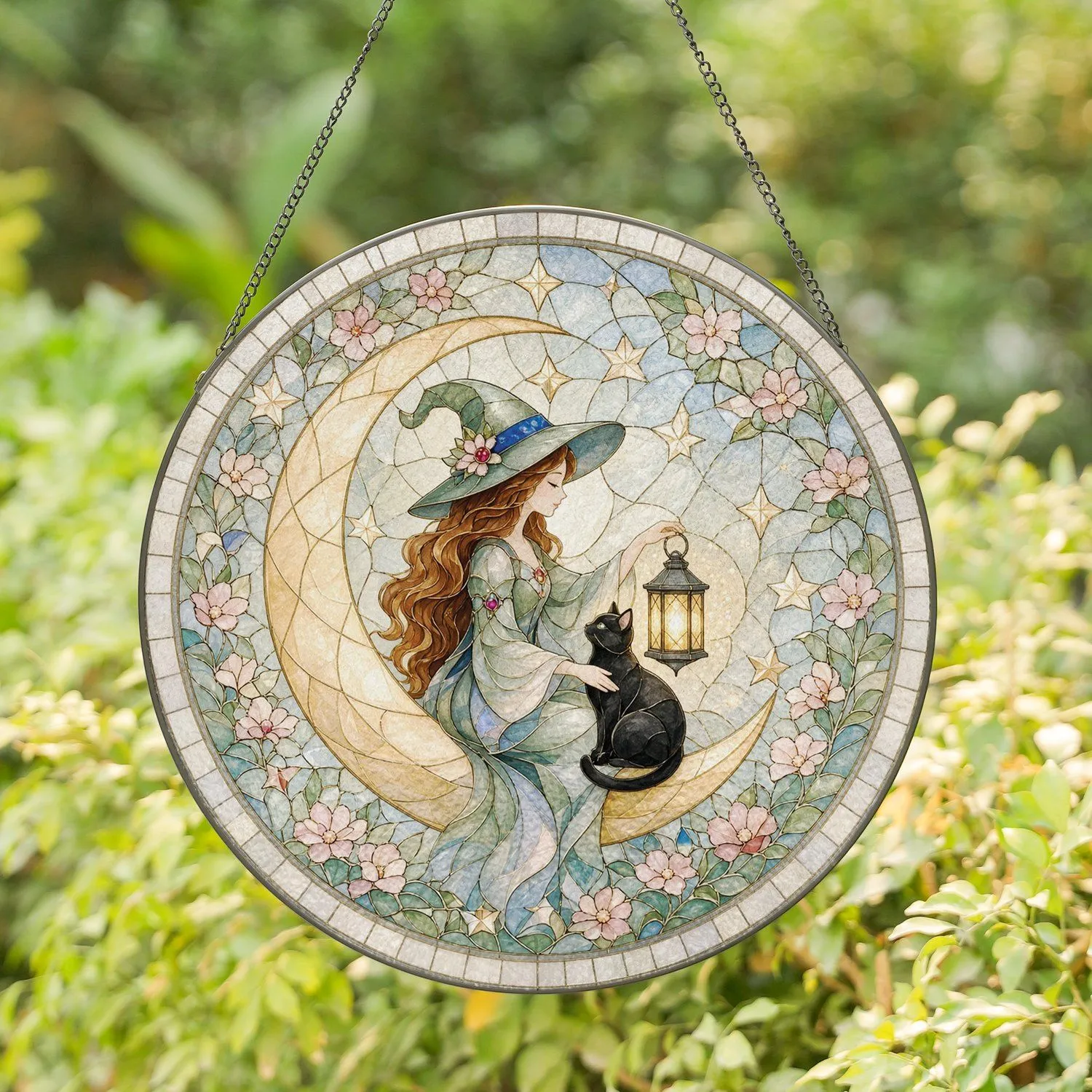 Whimsical Witch and Black Cat on Crescent Moon for Spooky Halloween Home Decor Stained Glass Suncatcher - 1