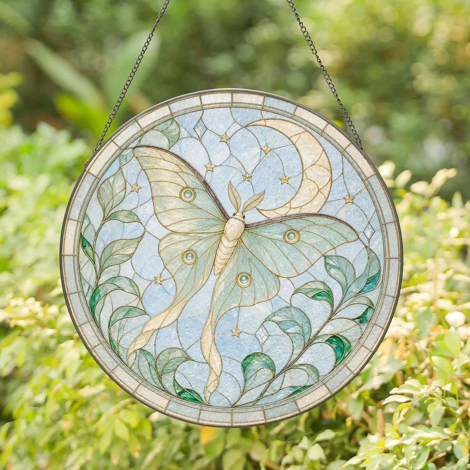 Celestial Luna Moth and Crescent Moon for Cottagecore Botanical Witchy Decor Stained Glass Suncatcher - 1