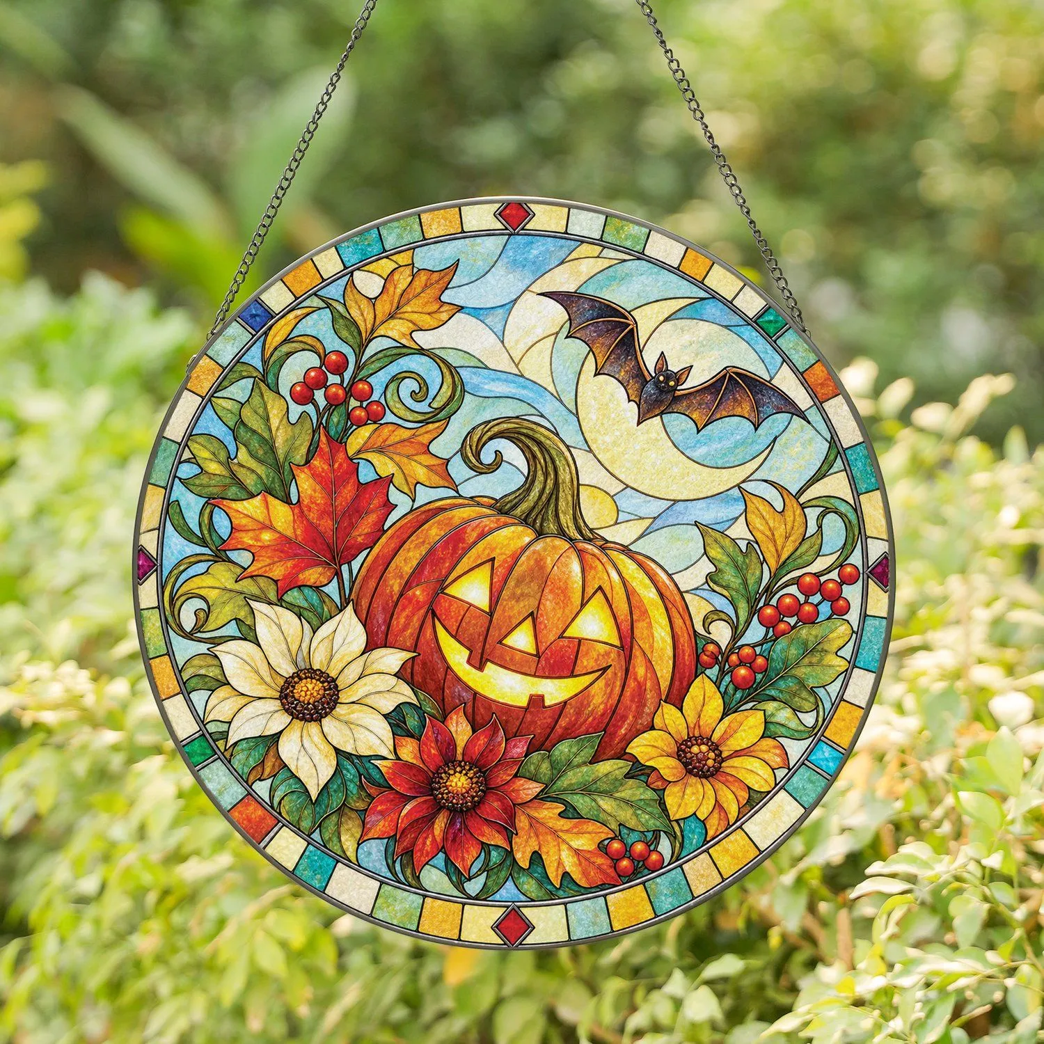 Pumpkin Moon Autumn Gathering for Halloween and Thanksgiving Cottagecore Gift Home Decor Stained Glass Suncatcher - 1