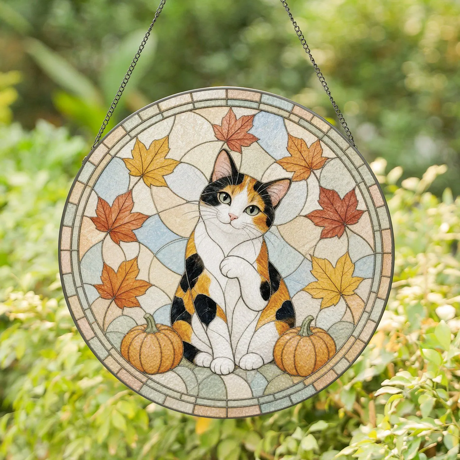 Charming Calico Cat with Autumn Pumpkins Cozy Fall Scene for Thanksgiving Decor Stained Glass Suncatcher - 1