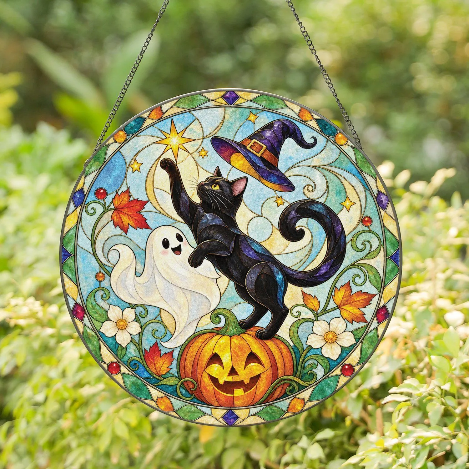 Black Cat Halloween Scene With Ghost Pumpkin For Cat Lover Autumn Home Decor Gift Stained Glass Suncatcher - 1