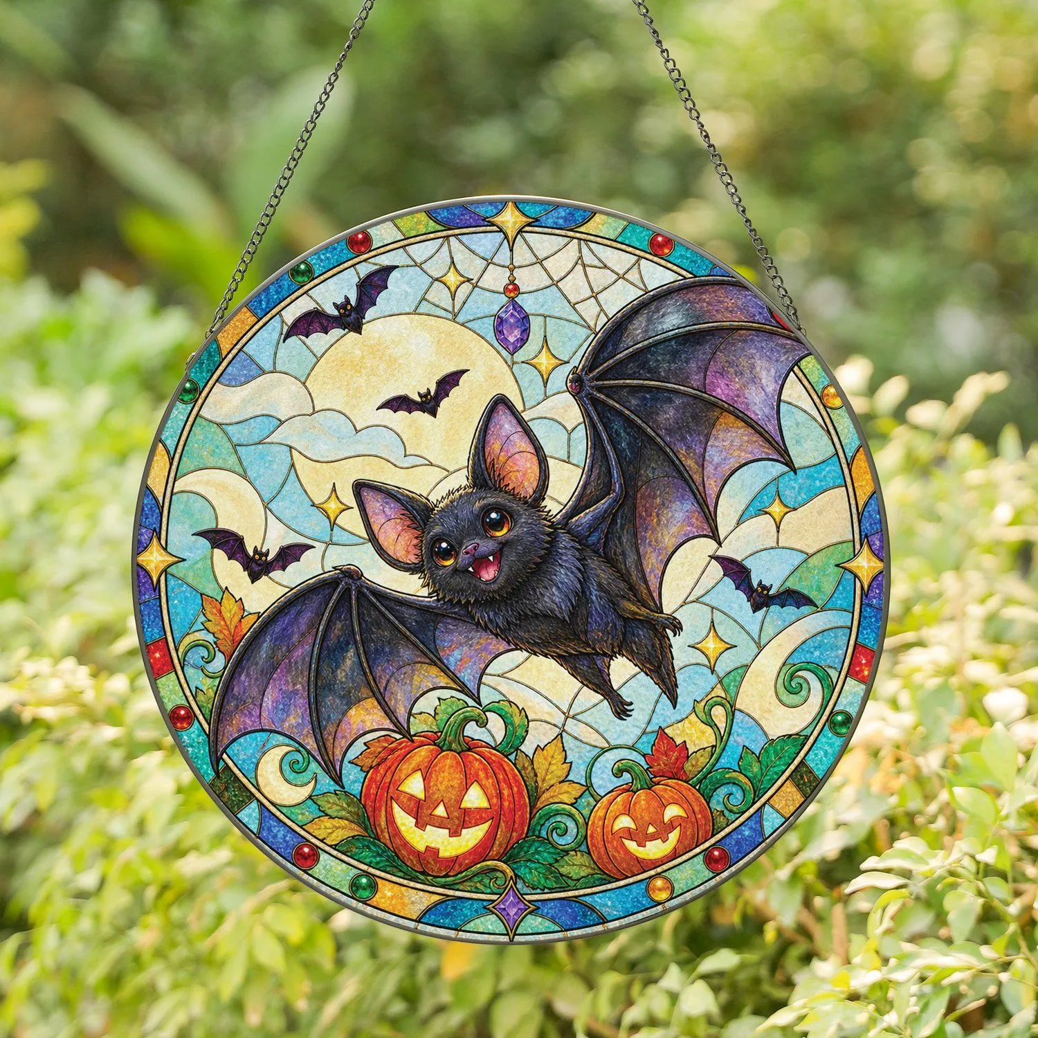 Bat and Pumpkin Halloween Decor for Witchy Homes, Seasonal Parties, and Gift Giving Stained Glass Suncatcher - 1