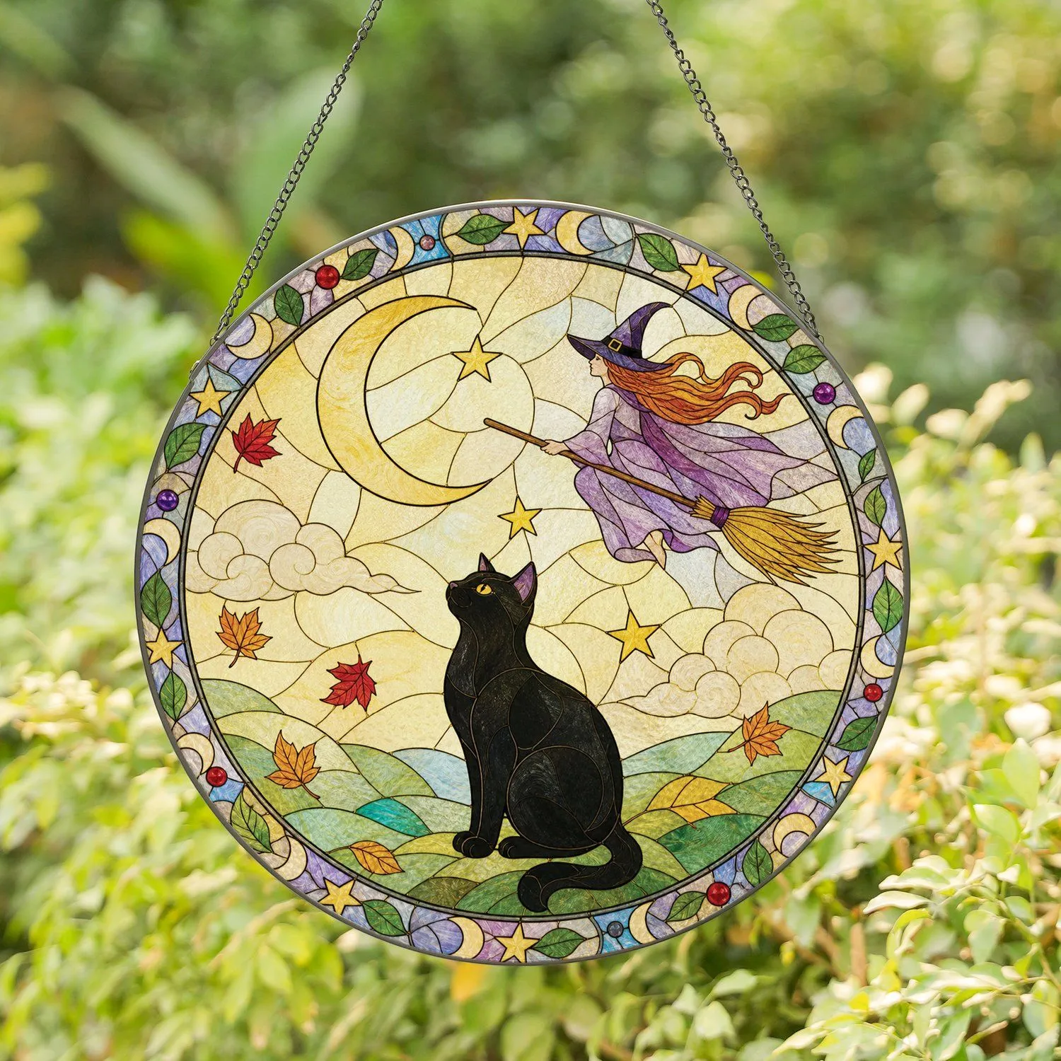 Black Cat Witch Under Crescent Moon For Halloween Home Decor And Cozy Autumn Nights Stained Glass Suncatcher - 1