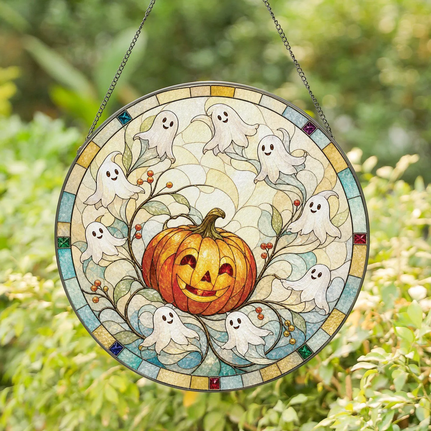 Halloween Pumpkin and Nine Lily Ghosts for Festive Autumn Decor, Cozy Spooky Home Stained Glass Suncatcher - 1