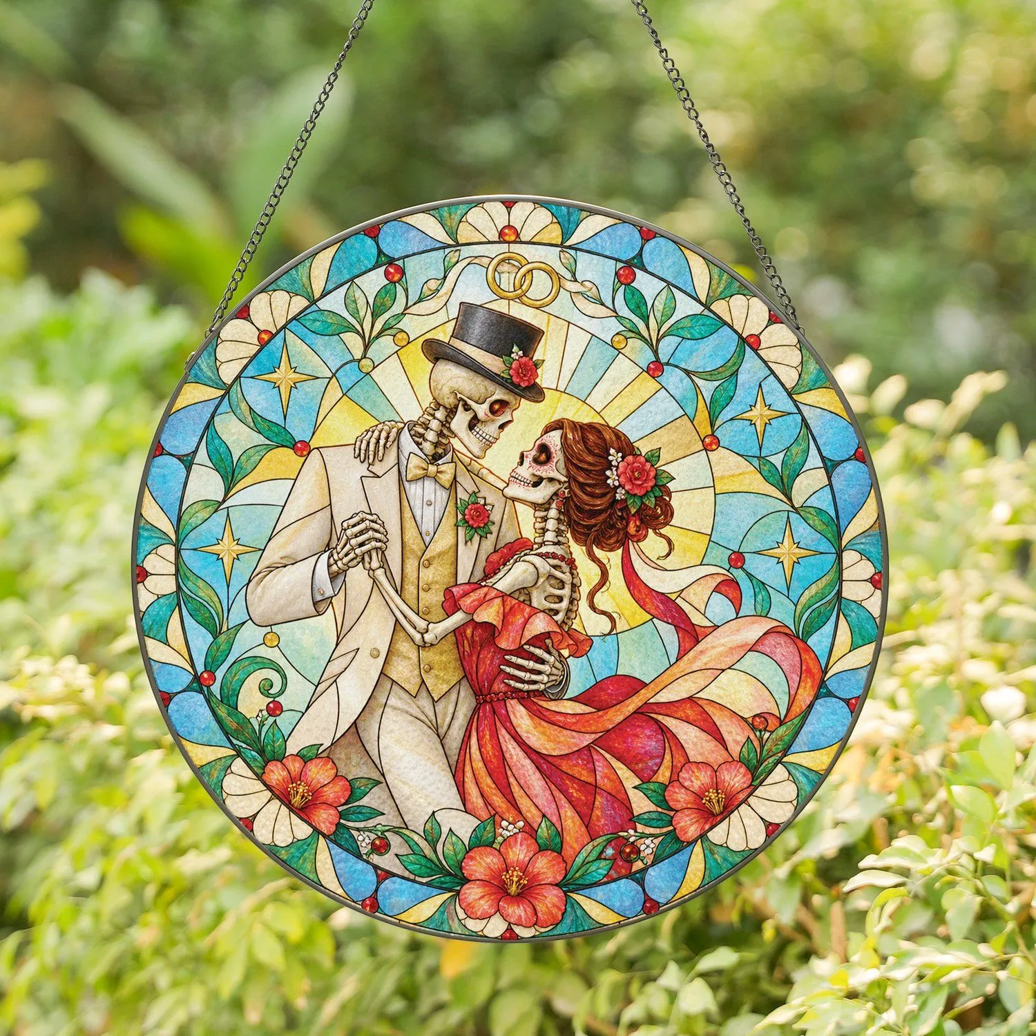 Skeleton Couple Gothic Wedding Keepsake for Halloween Anniversary Spooky Romance Stained Glass Suncatcher - 1