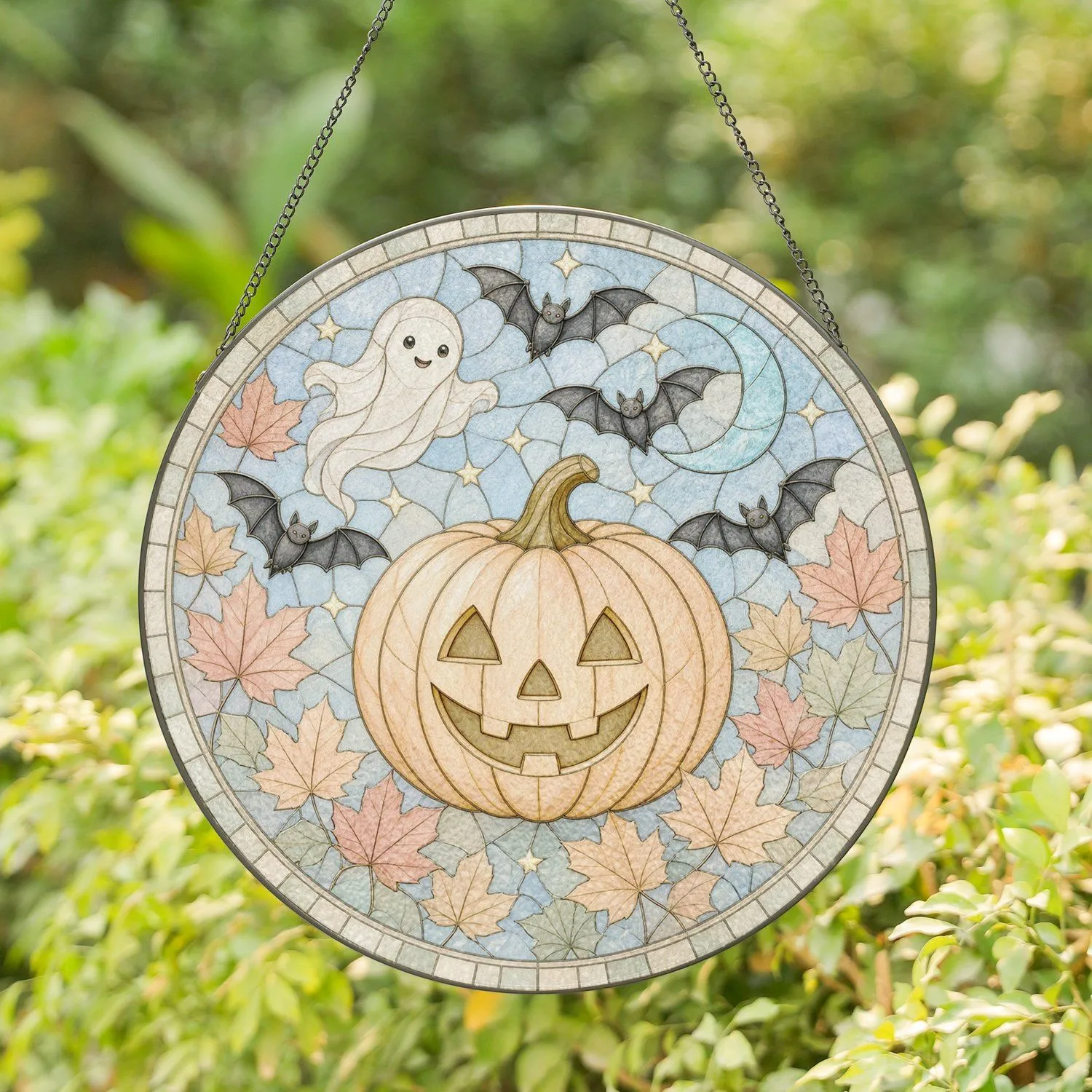Charming Jack-O-Lantern Pumpkin with Ghost Bats Moon Spooky Halloween Fall Accent Stained Glass Suncatcher - 1