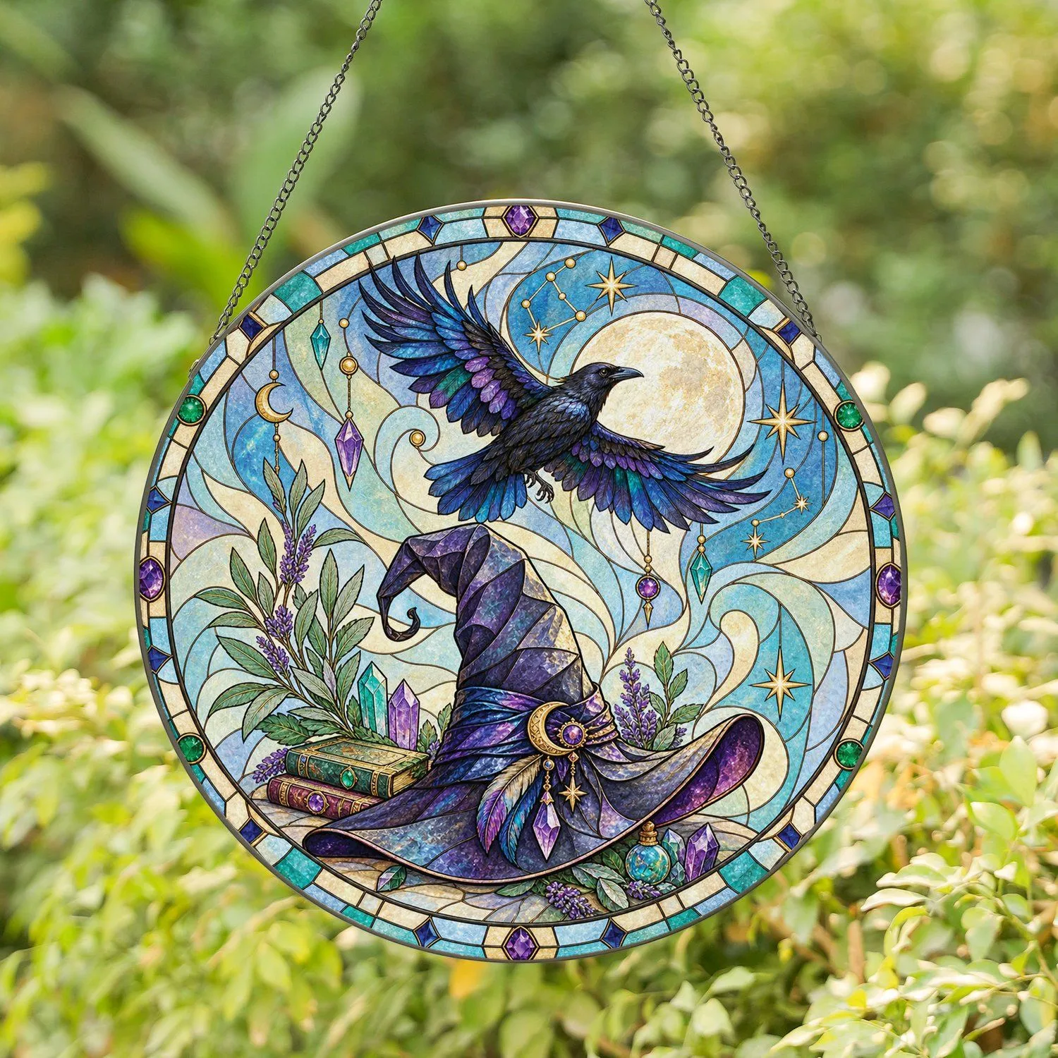 Celestial Witch Hat And Raven Decor For Halloween Gifts And Mystical Home Decor Lovers Stained Glass Suncatcher - 1