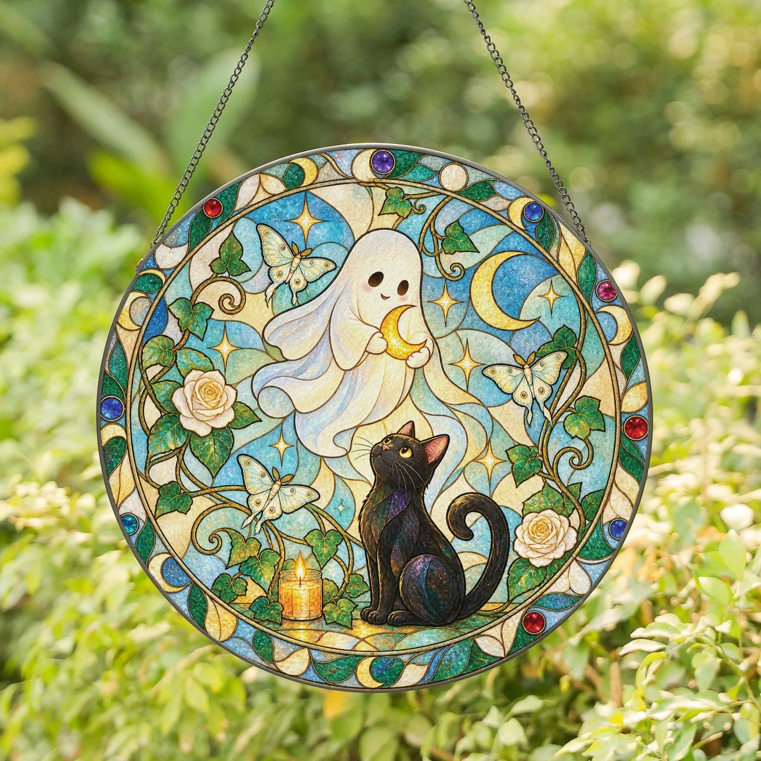 Ghost And Black Cat Reading By Candlelight For Cozy Halloween Witchy Home Decor Stained Glass Suncatcher - 1