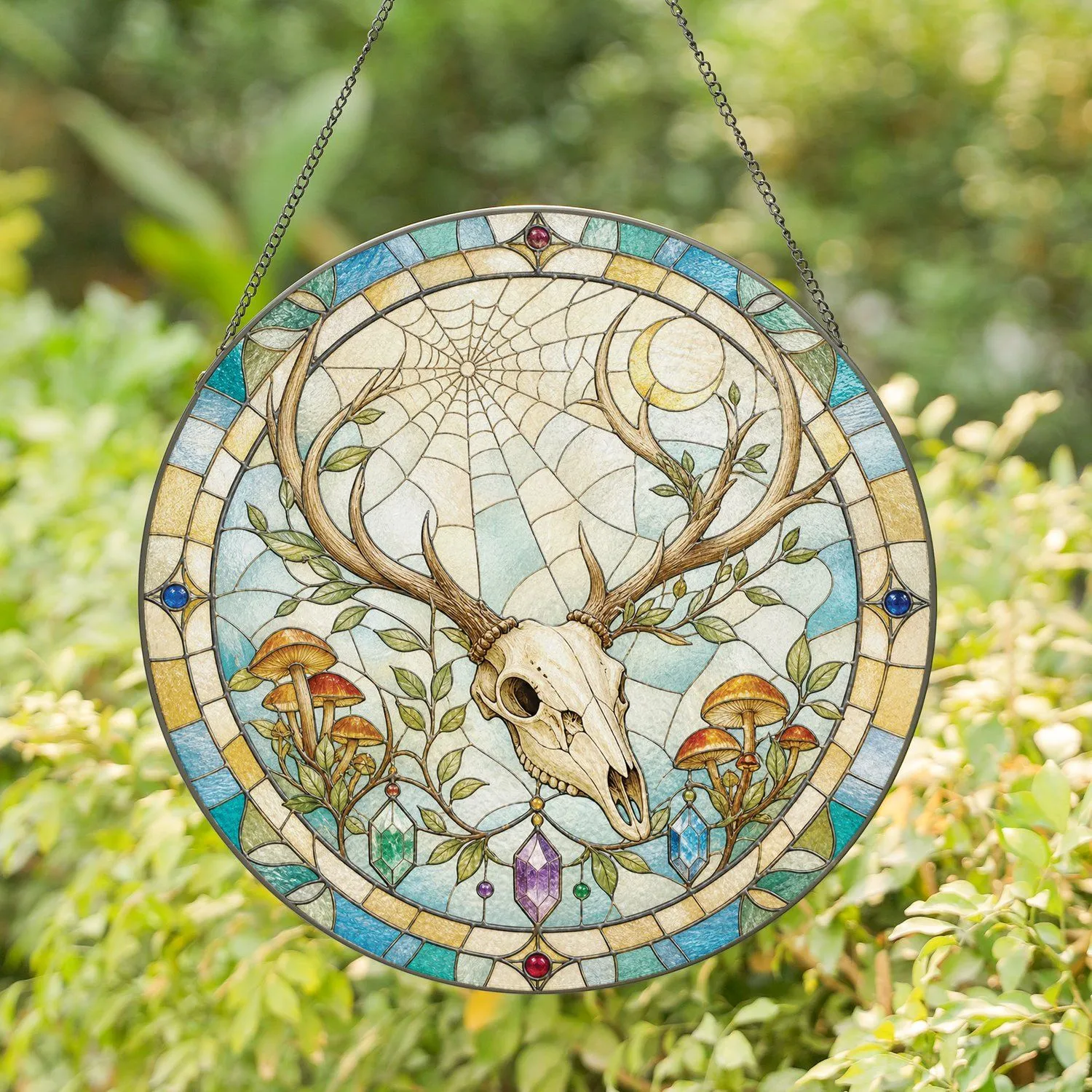 Deer Skull Moonlit Woodland Accent for Gothic Boho Witchy Home Decor Enthusiasts Stained Glass Suncatcher - 1