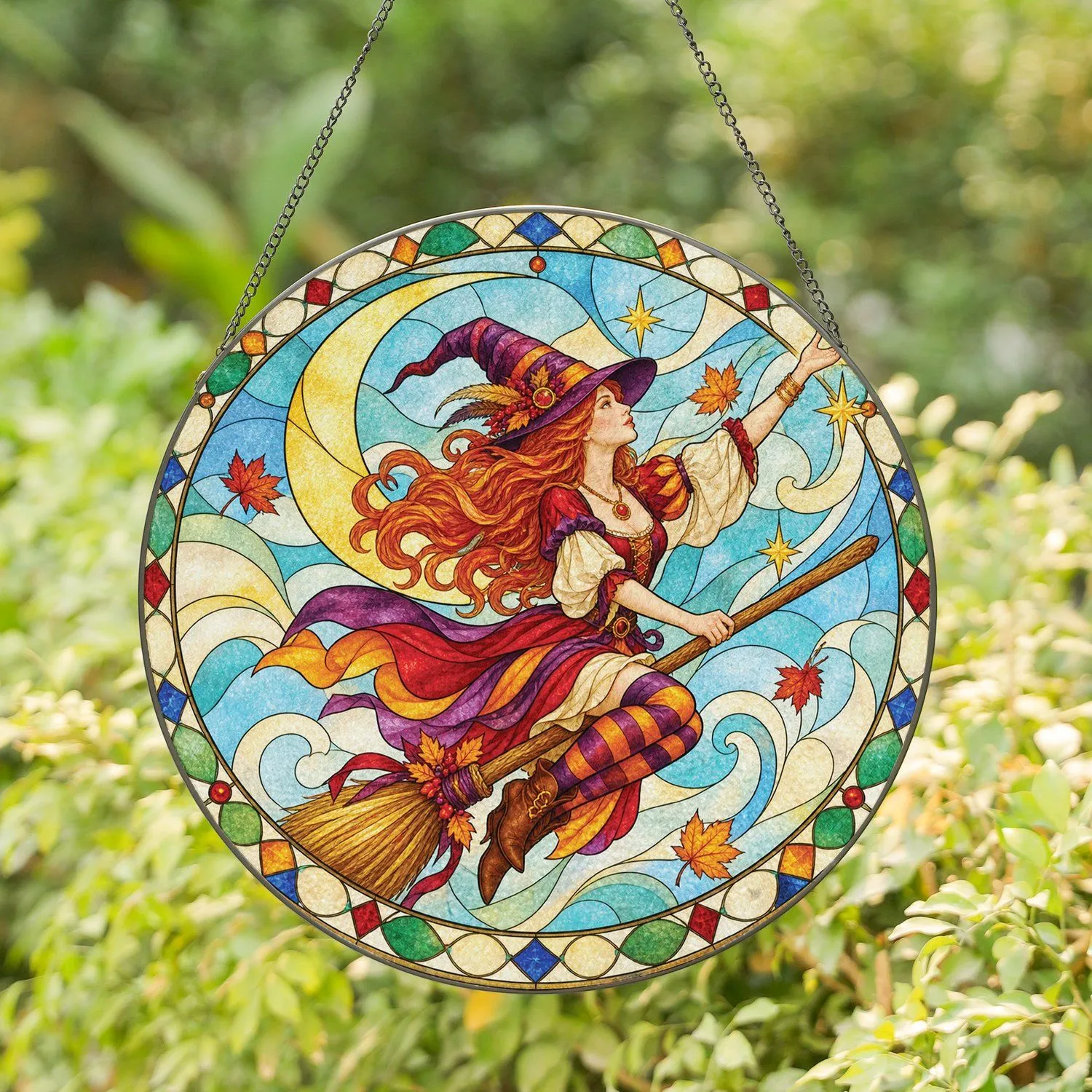Flying Witch Halloween Decor For Spooky Season Gift Giving And Cozy Home Style Lovers Stained Glass Suncatcher - 1